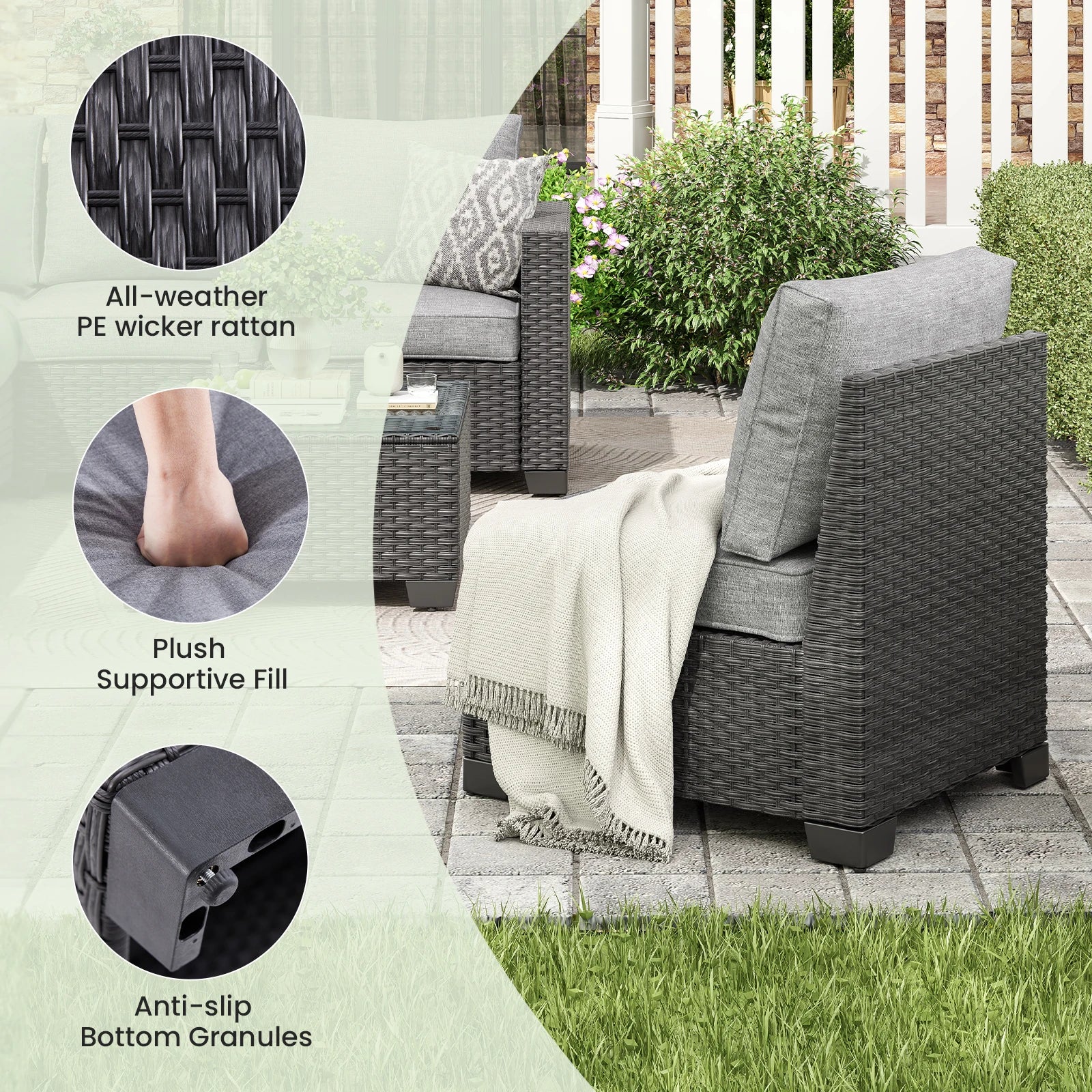 Patio Sectional Sofa Set, Outdoor Furniture with Ottoman