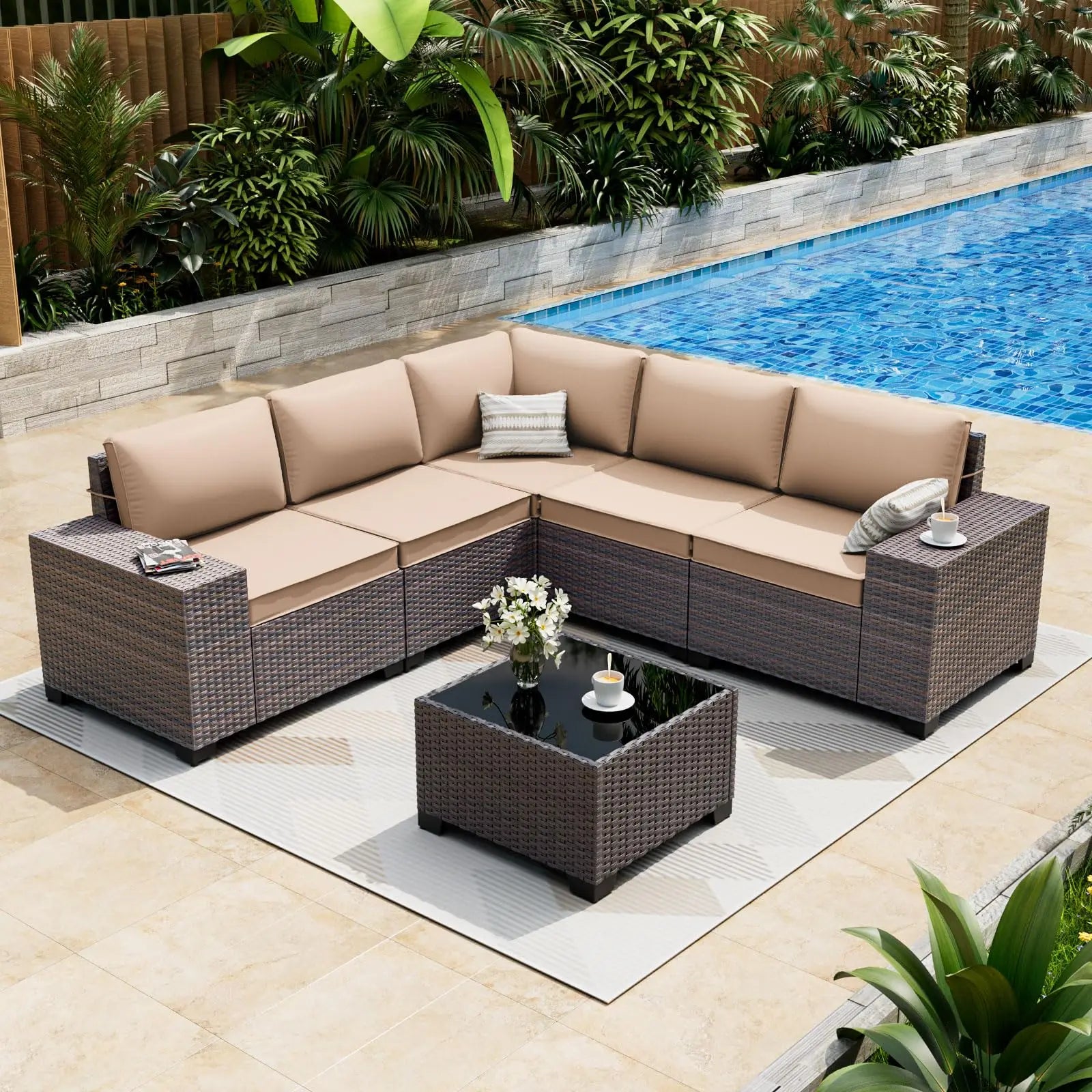 6 Pieces Patio Furniture Set, Oversized Seat/Armrest and High Back Wicker Sectional