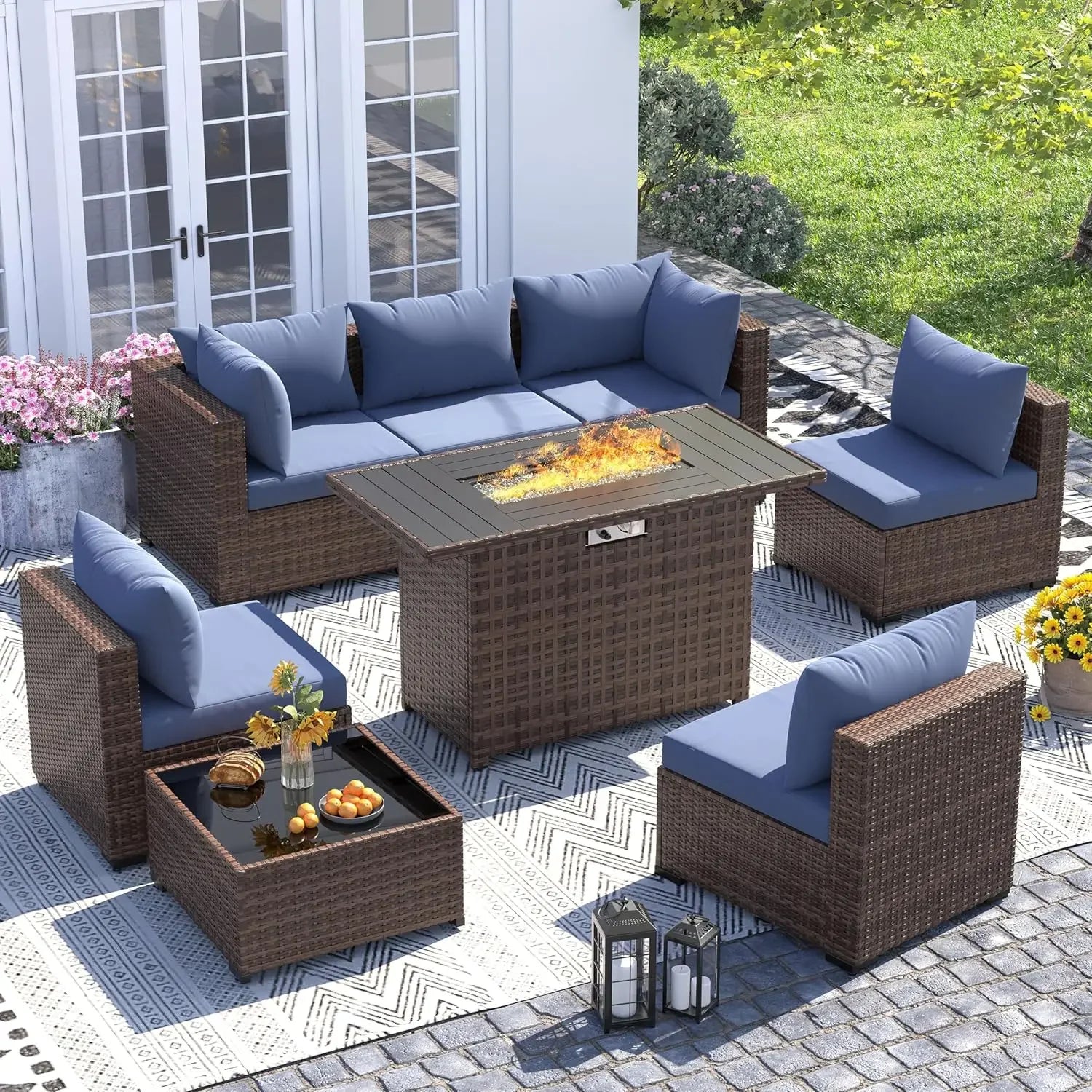Furniture Set with Fire Pit Table, 8 Piece Sectional Sofas, All-Weather Wicker