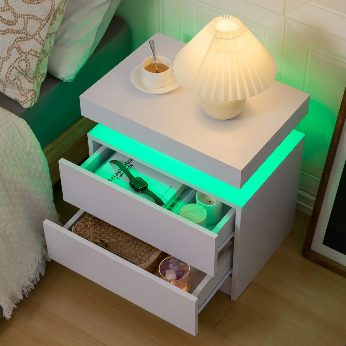Cube LED Nightstands with 2 Drawers, End Table with RGB LED Lights for Bedroom Living Room, White Bedside Table