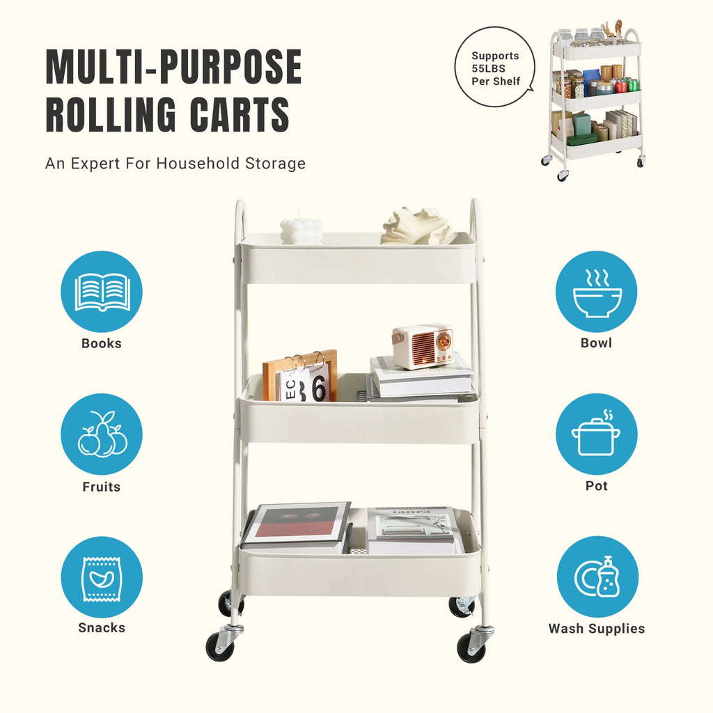 JHK 3 Tier Metal Storage Kitchen Cart with Lockable Wheels