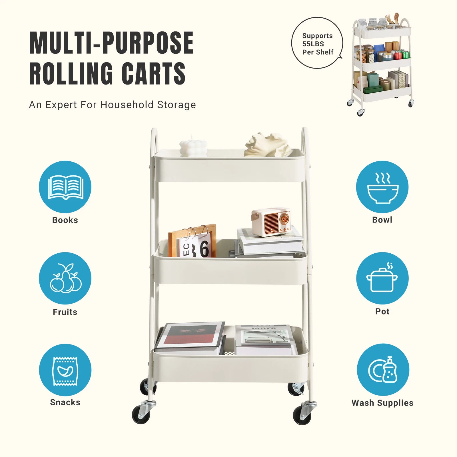 JHK 3 Tier Metal Storage Kitchen Cart with Lockable Wheels
