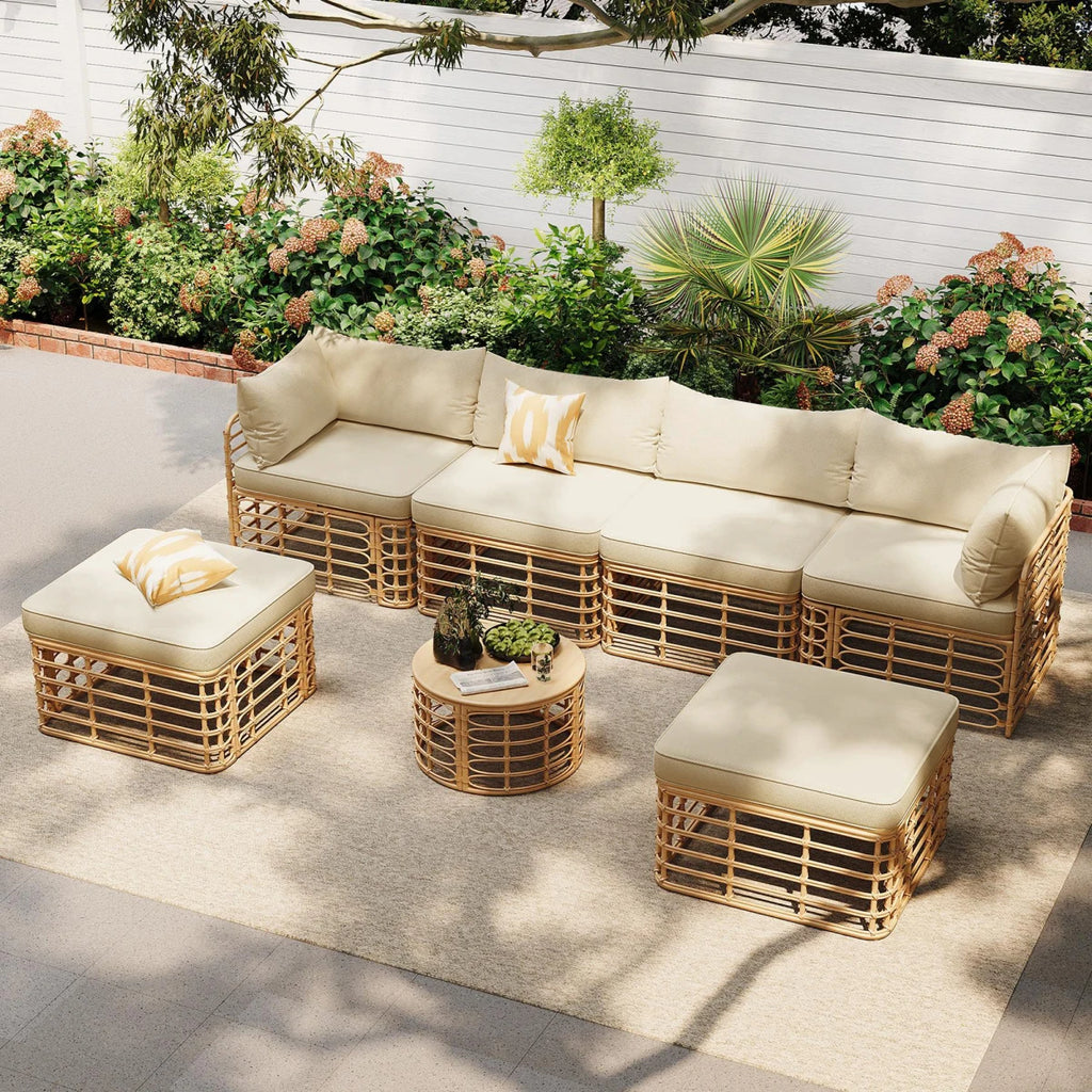 7 Pieces Outdoor Patio Furniture, All-Weather Rattan Sectional Sofa Set with Thick Cushions and Pillows, Freely Combined Conversation Sets for Garden, Backyard, Balcony, Brown