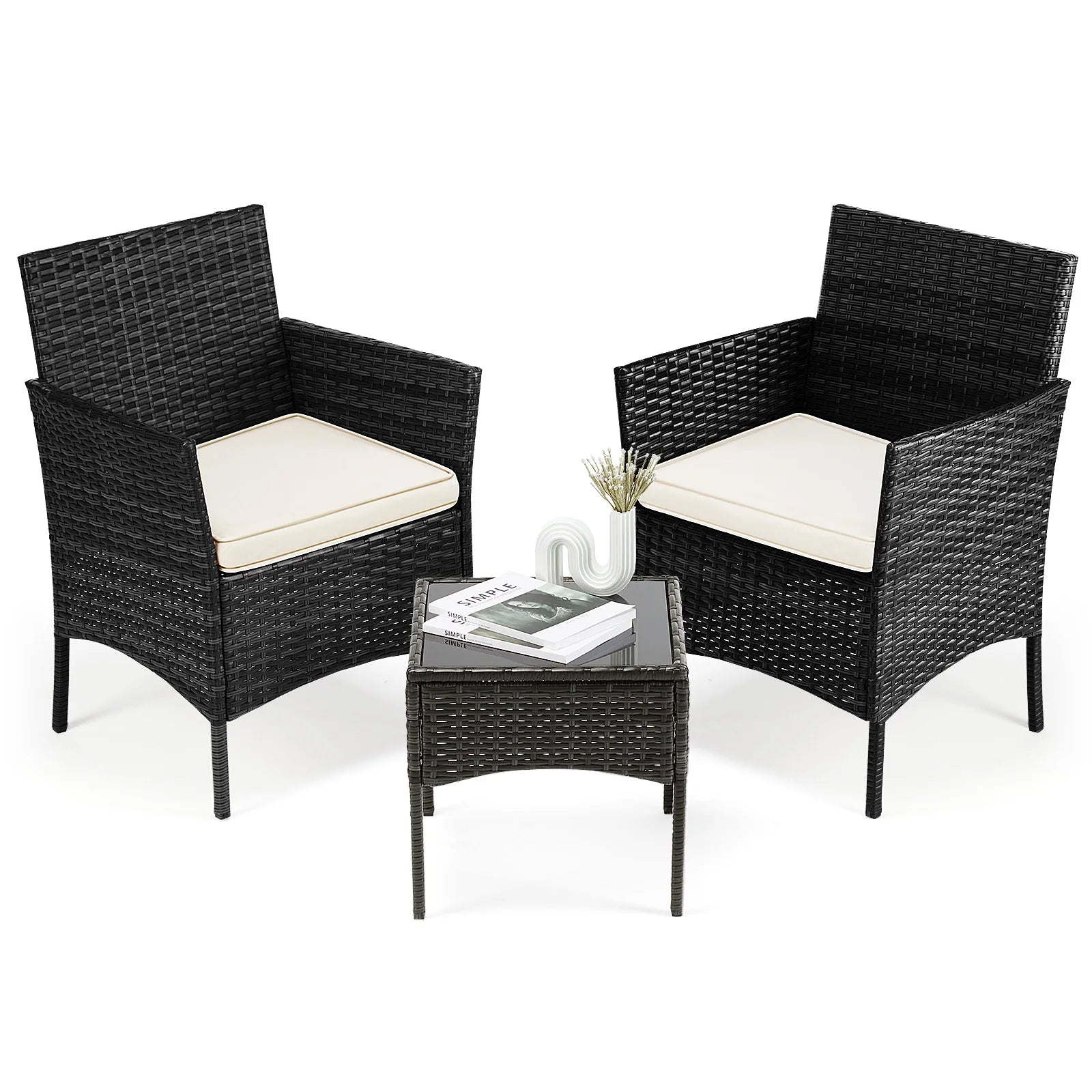 3 Pieces Outdoor Patio Furniture Wicker Rattan Patio Chairs with Soft Cushion and Glass Table