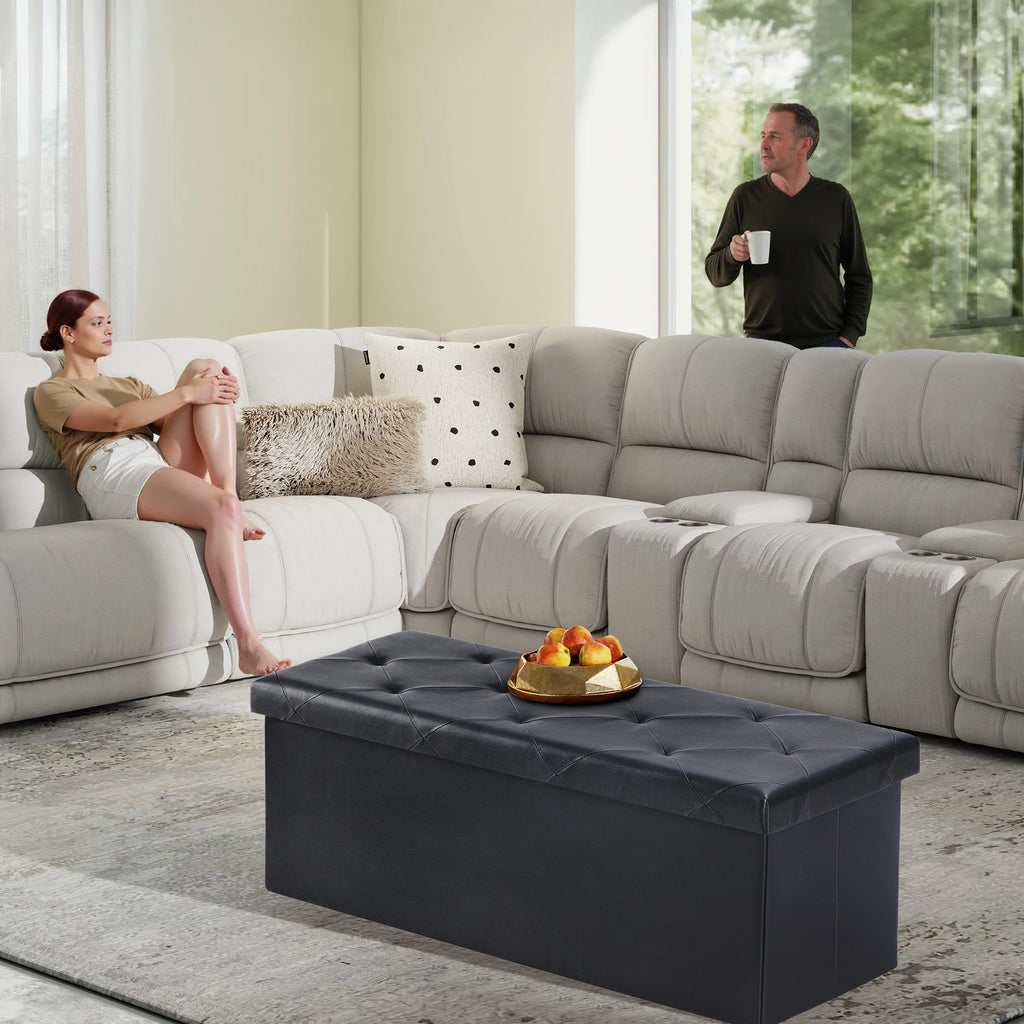 43 Inches Leather Folding Ottoman Storage Footstool Toy Box Bedroom Bench Load 660 lbs Foot Rest