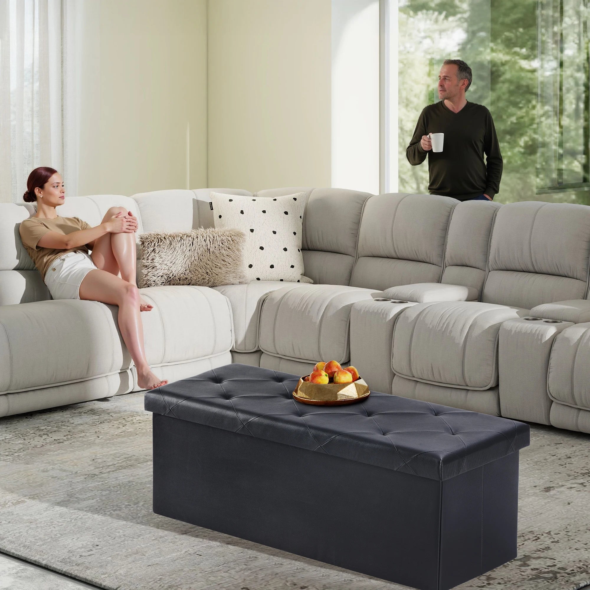 43 Inches Leather Folding Ottoman Storage Footstool Toy Box Bedroom Bench Load 660 lbs Foot Rest