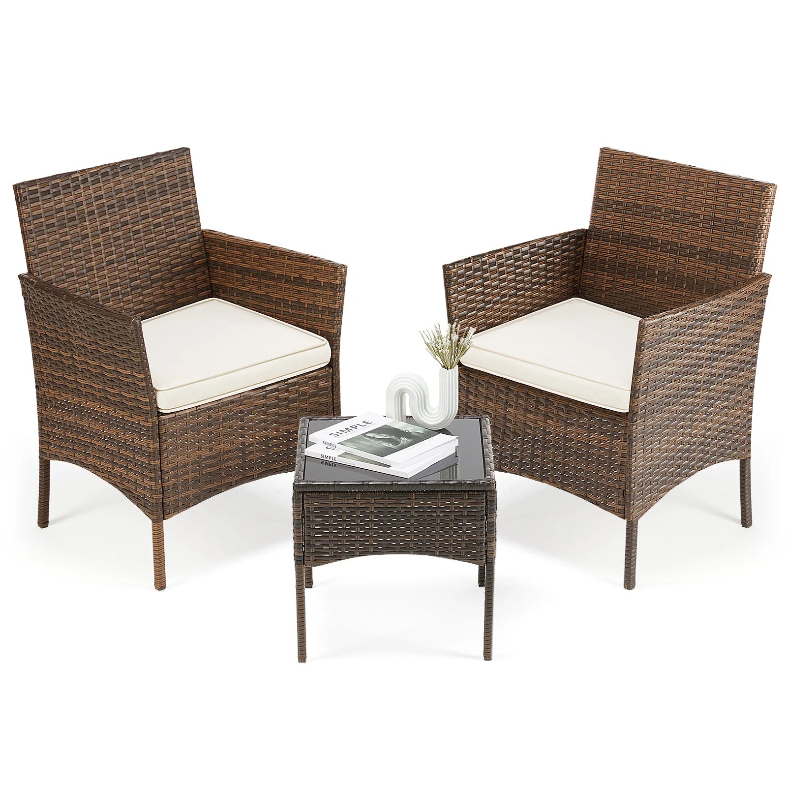 3 Pieces Outdoor Patio Furniture Wicker Rattan Patio Chairs with Soft Cushion and Glass Table