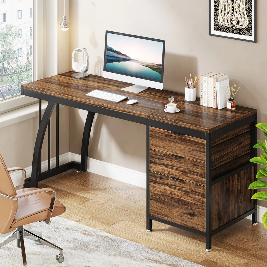 Computer Desk with 3 Drawers, 59-Inch PC Desk with Reversible Drawers, Writing Table Workstation