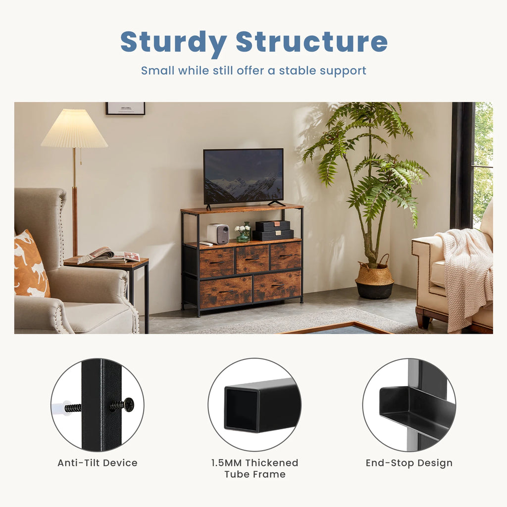 Fireplace TV Stand Dresser For Bedroom With 5 Fabric Drawers Storage Chest