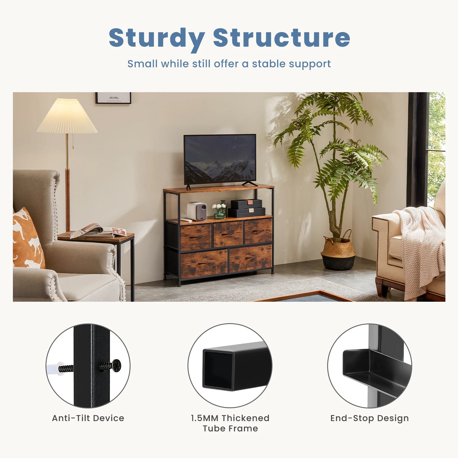 Fireplace TV Stand Dresser For Bedroom With 5 Fabric Drawers Storage Chest