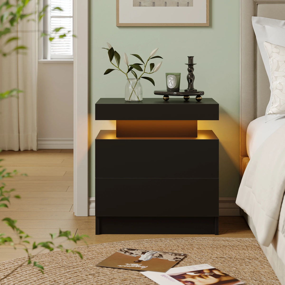 Cube LED Nightstands with 2 Drawers, End Table with RGB LED Lights for Bedroom Living Room, White Bedside Table