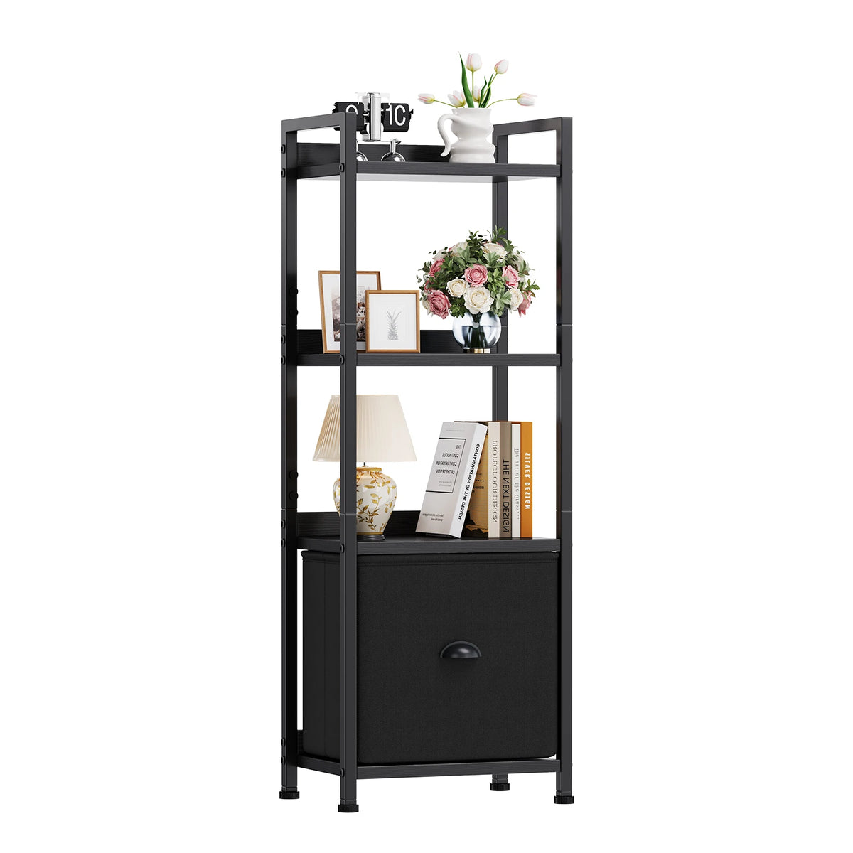 4-5 Tier Bookshelf with Fabric Drawer Standing Open Book Shelf Organizer Wood and Metal Storage Shelf Organizer in Living Room Bedroom