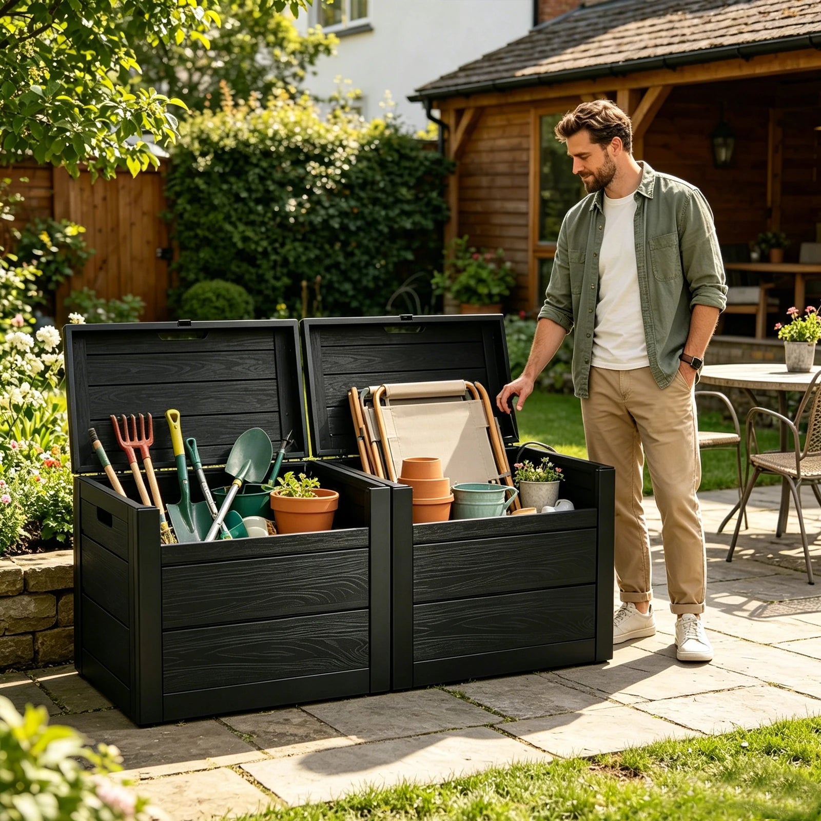 70 Gallon Outdoor Deck Storage Box, Waterproof Wood Grain Resin Patio Storage Bench