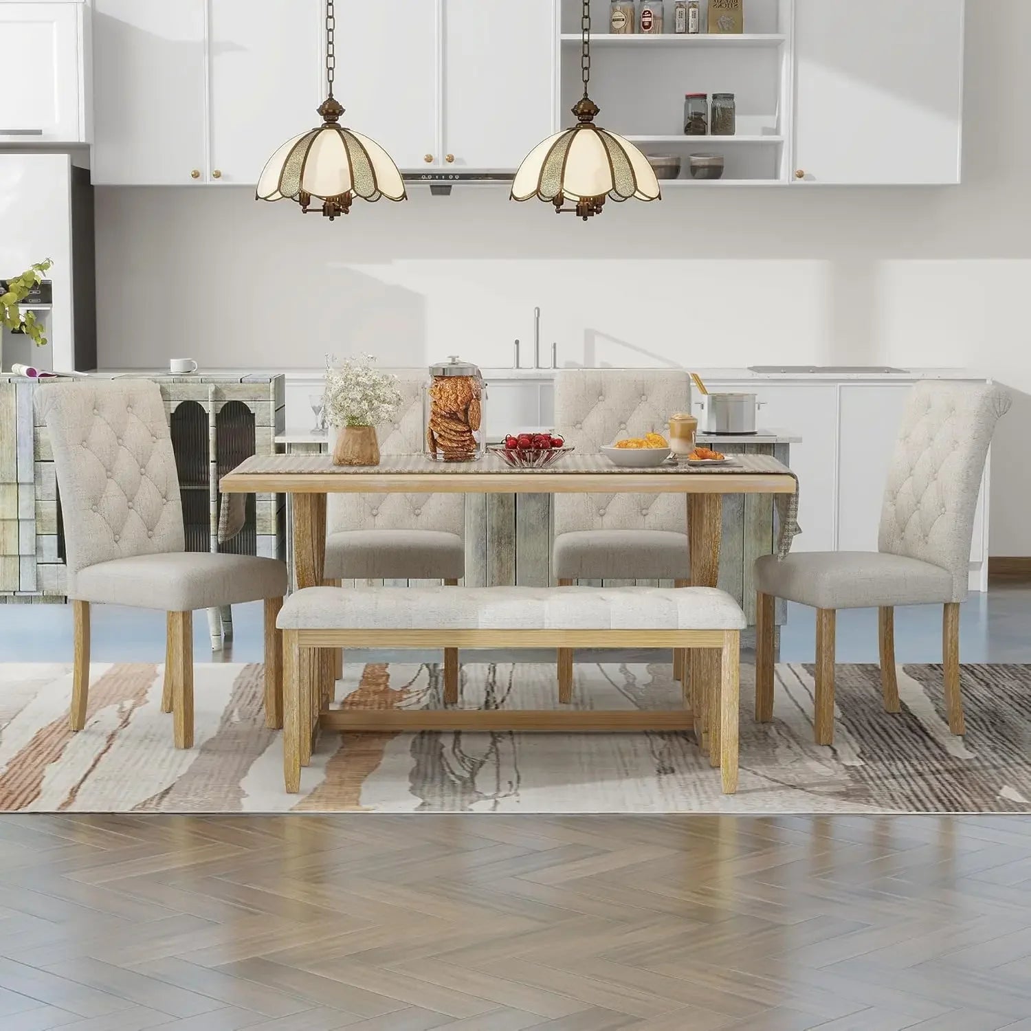 Solid Wood Kitchen Dining Room Table Set with Bench and Chairs for 6 Persons,