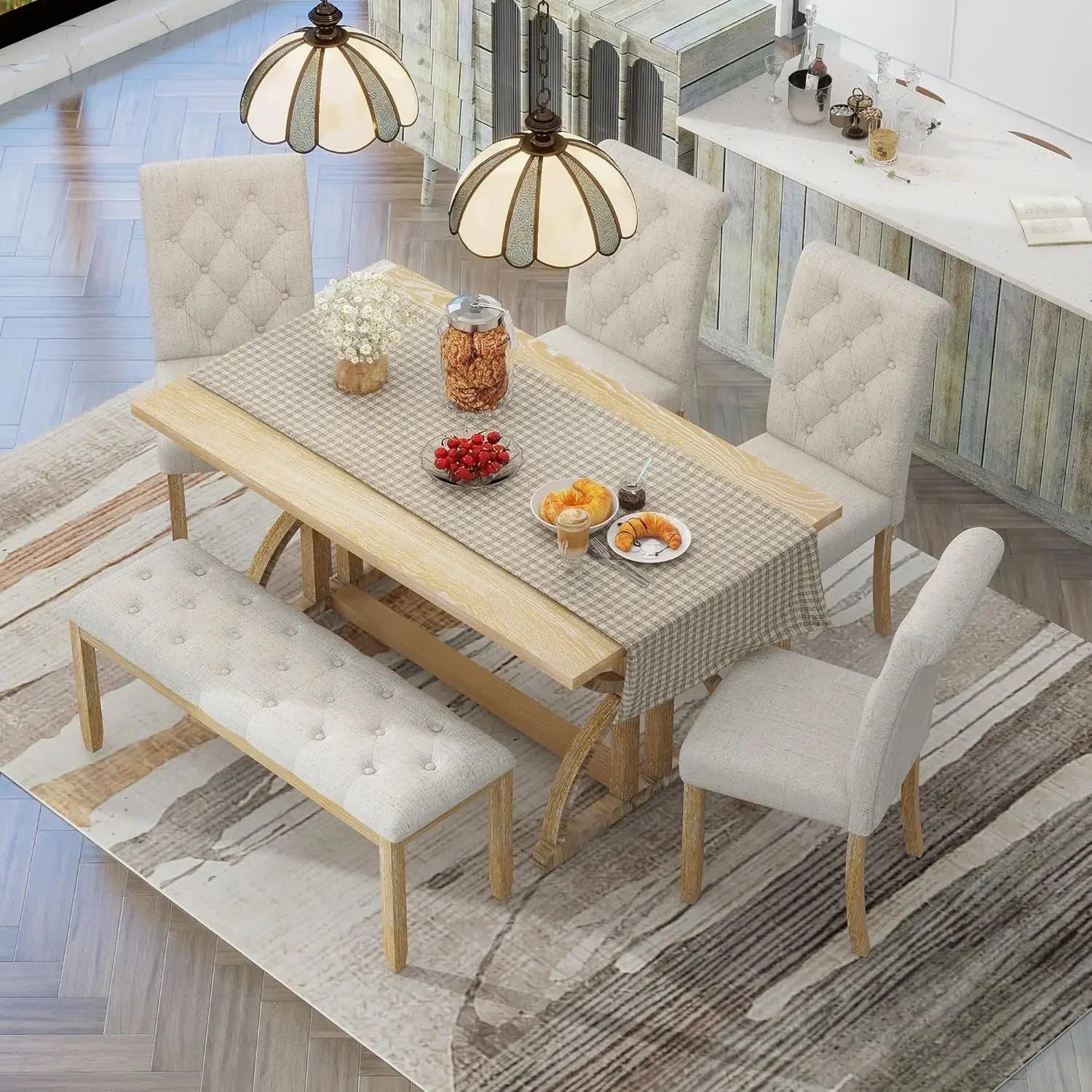 Solid Wood Kitchen Dining Room Table Set with Bench and Chairs for 6 Persons,