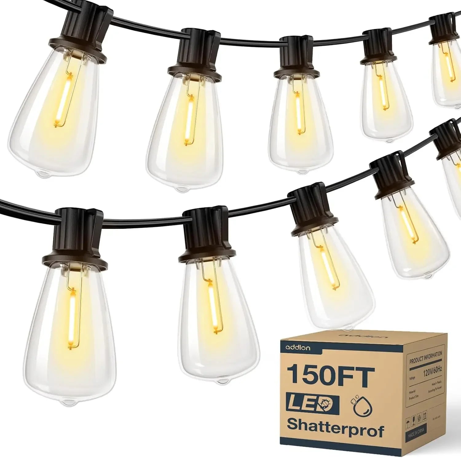 150FT LED Outdoor Waterproof Patio Lights Shatterproof ST38 Replaceable Bulbs Dimmable Hanging Lights.