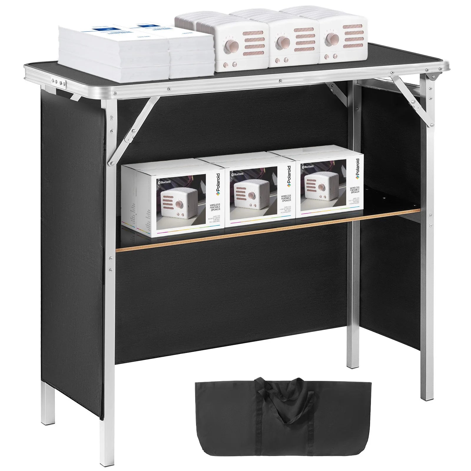 Folding Portable Bar Table Tradeshow Podium Table for Party Picnic Exhibition Include Carrying Case Storage Shelf Skirt