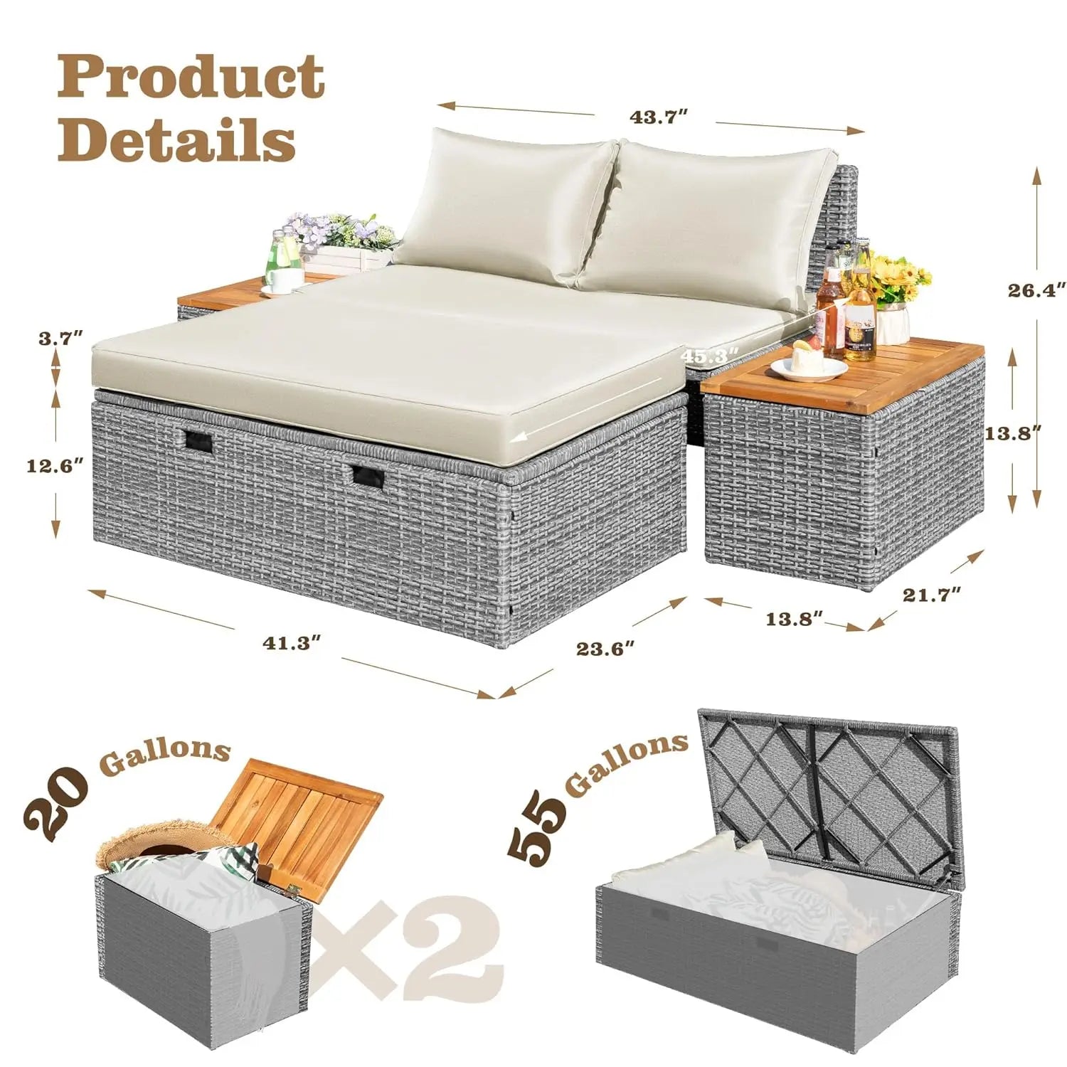 Outdoor Rattan Daybed with 2 Side Tables, with Storage Ottoman