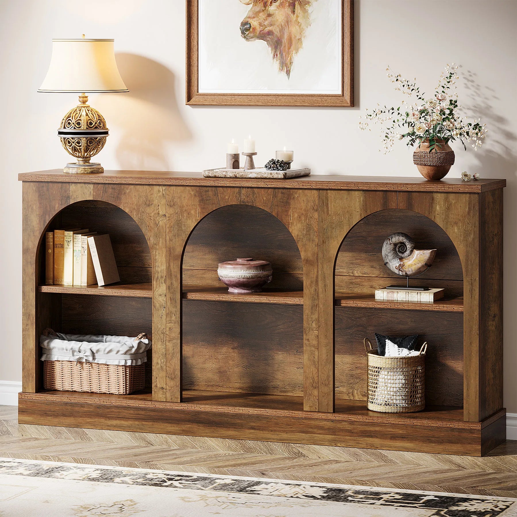 Farmhouse Console Table, 63-Inch Long Entryway Table with 3 Tier Storage, Wooden Rectangular Sofa Table