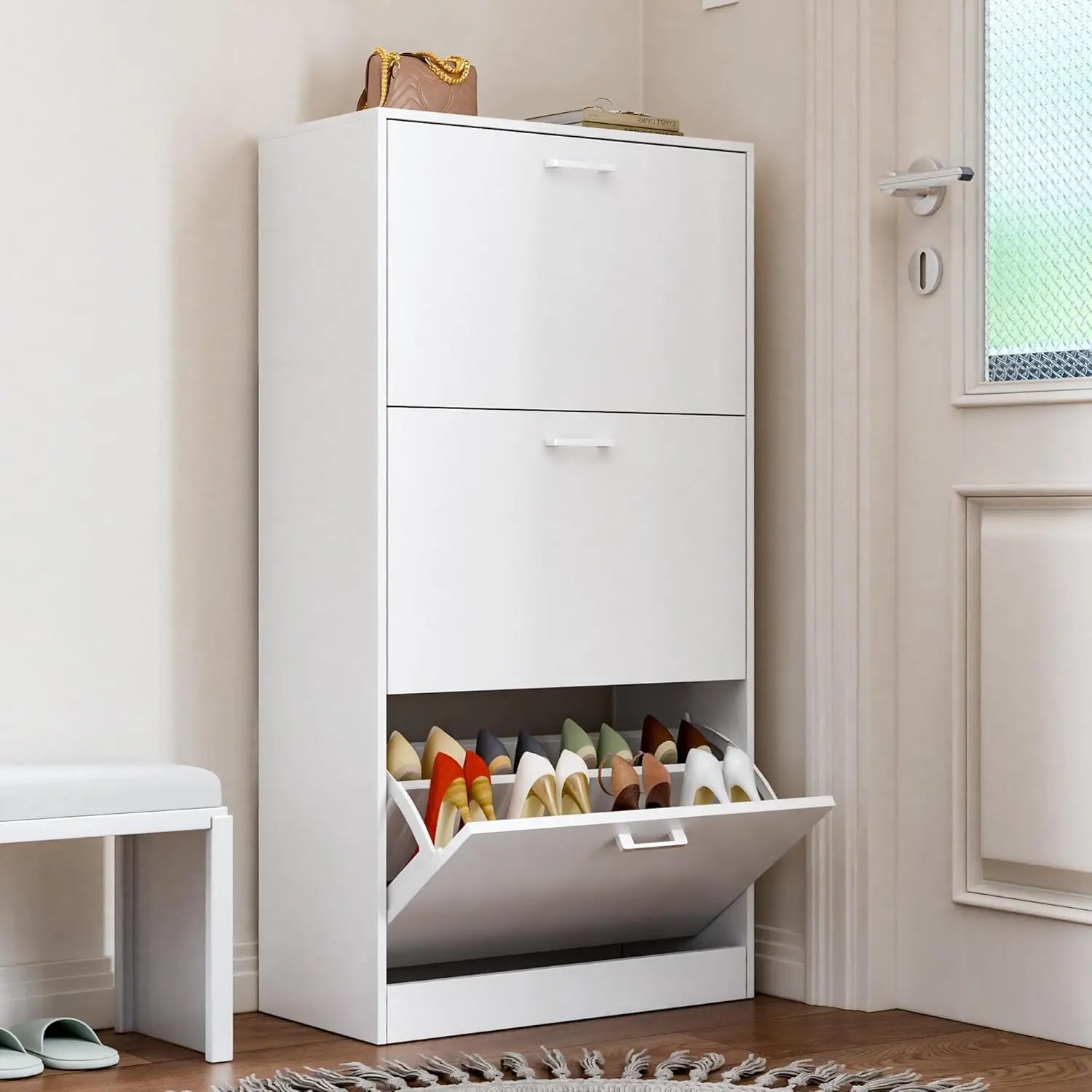 Shoe Cabinet with 2 or 3 Flip Drawers, Hidden Slim Freestanding Shoe Storage Cabinet, Narrow Freestanding Shoe Organizer