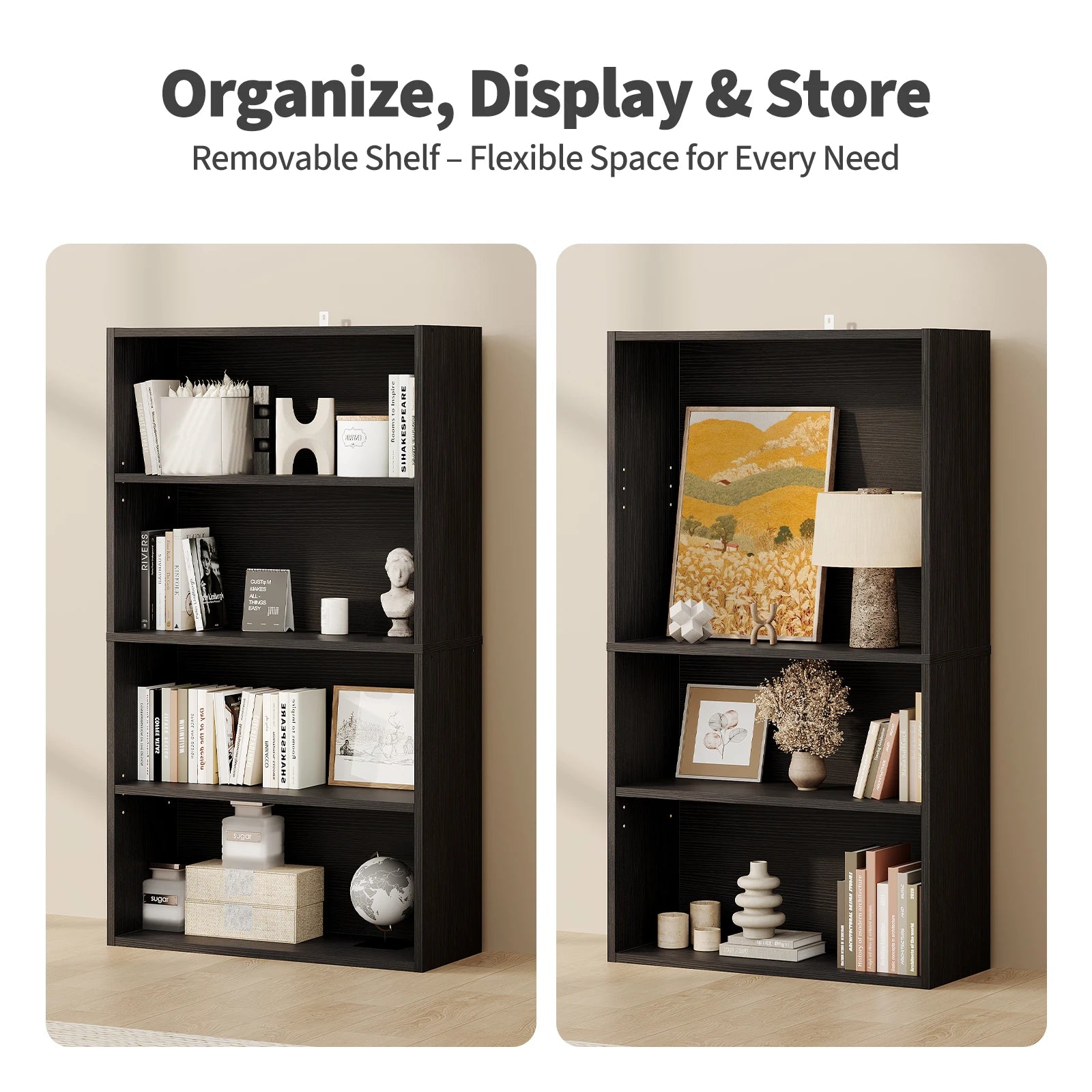 3-4 Tier Wooden Shelf Bookcase Tall Floor Standing Open Bookshelf for Living Room and Home Office Personalized Storage