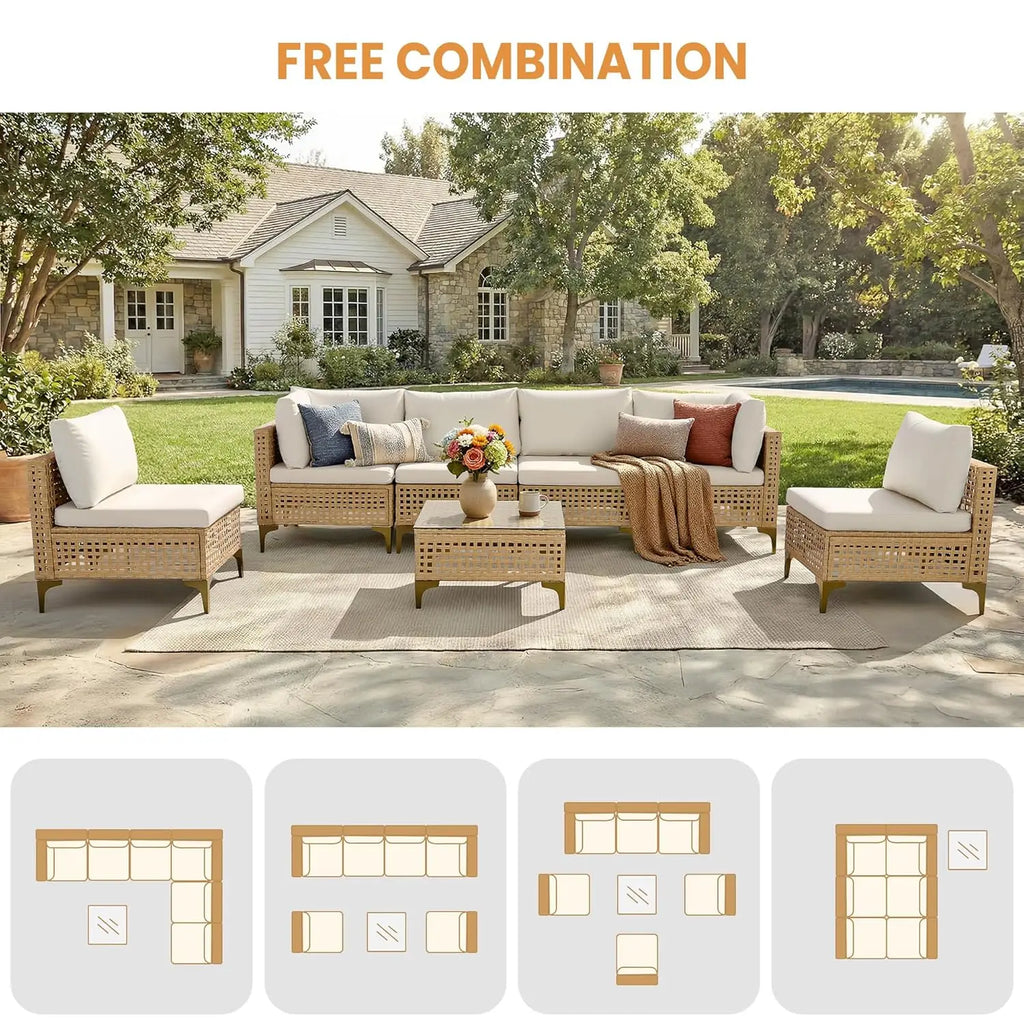7-Piece Wicker Patio Sectional Sofa with Cushions & Glass Coffee Table for Porch Garden