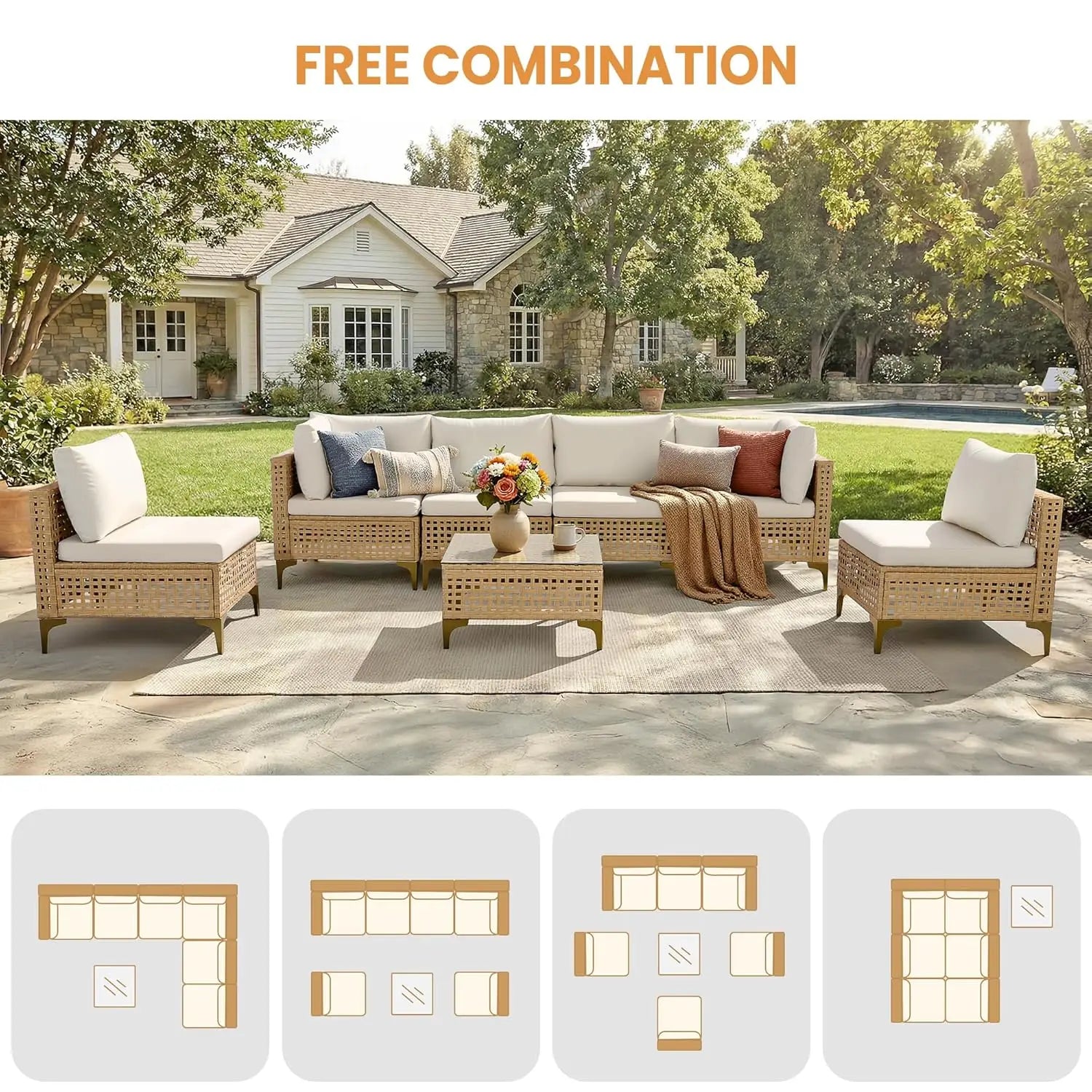 7-Piece Wicker Patio Sectional Sofa with Cushions & Glass Coffee Table for Porch Garden