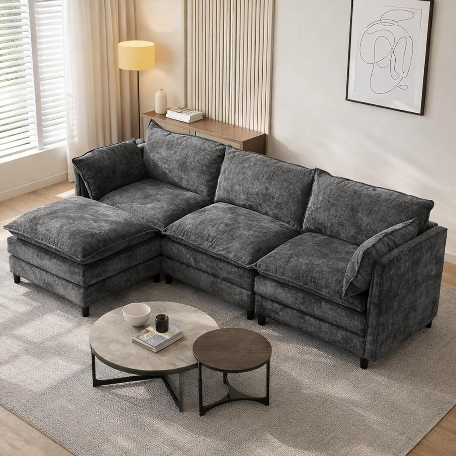 108" L Shaped Couch, Modular Sectional Sofa, Chenille Cloud Couch with Movable Ottoman, 3 Deep Seat Small Sectional,