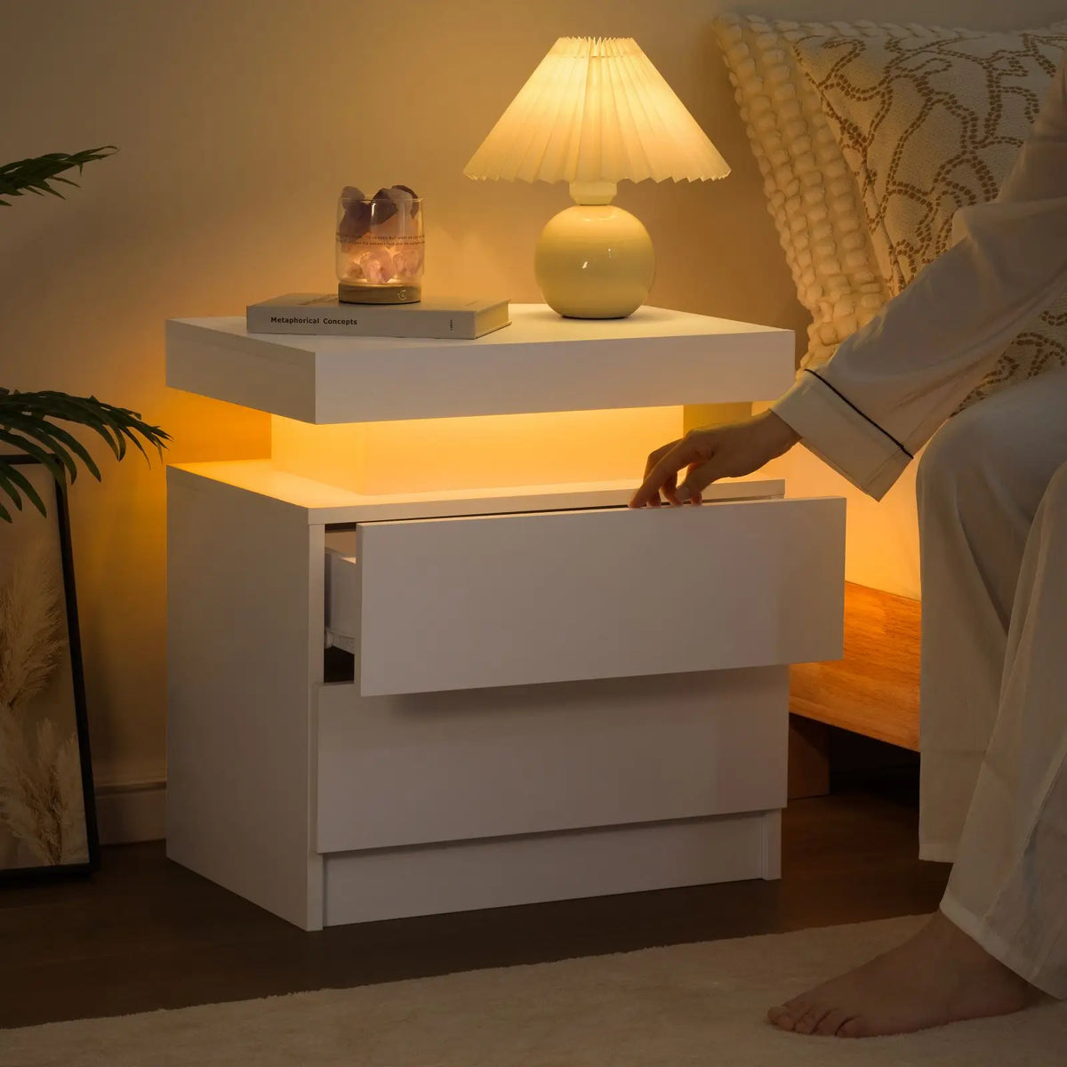 Cube LED Nightstands with 2 Drawers, End Table with RGB LED Lights for Bedroom Living Room, White Bedside Table