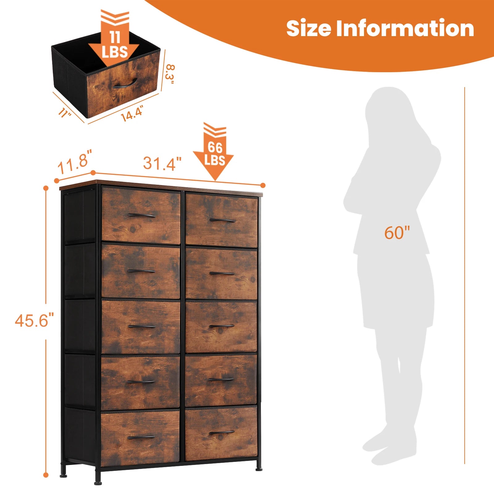 JHK Bedside Table For Bedroom With 10 Fabric Drawers