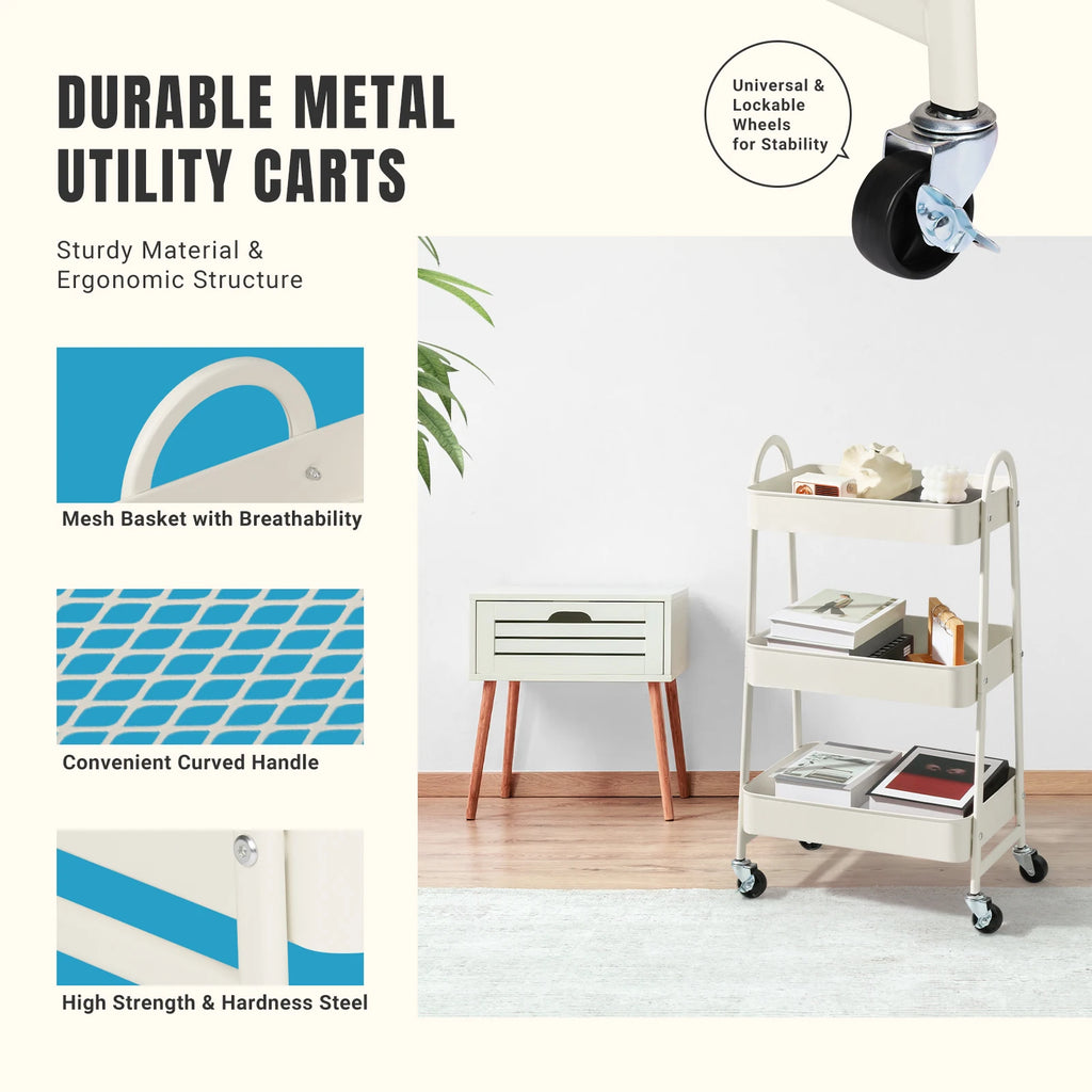 JHK 3 Tier Metal Storage Kitchen Cart with Lockable Wheels