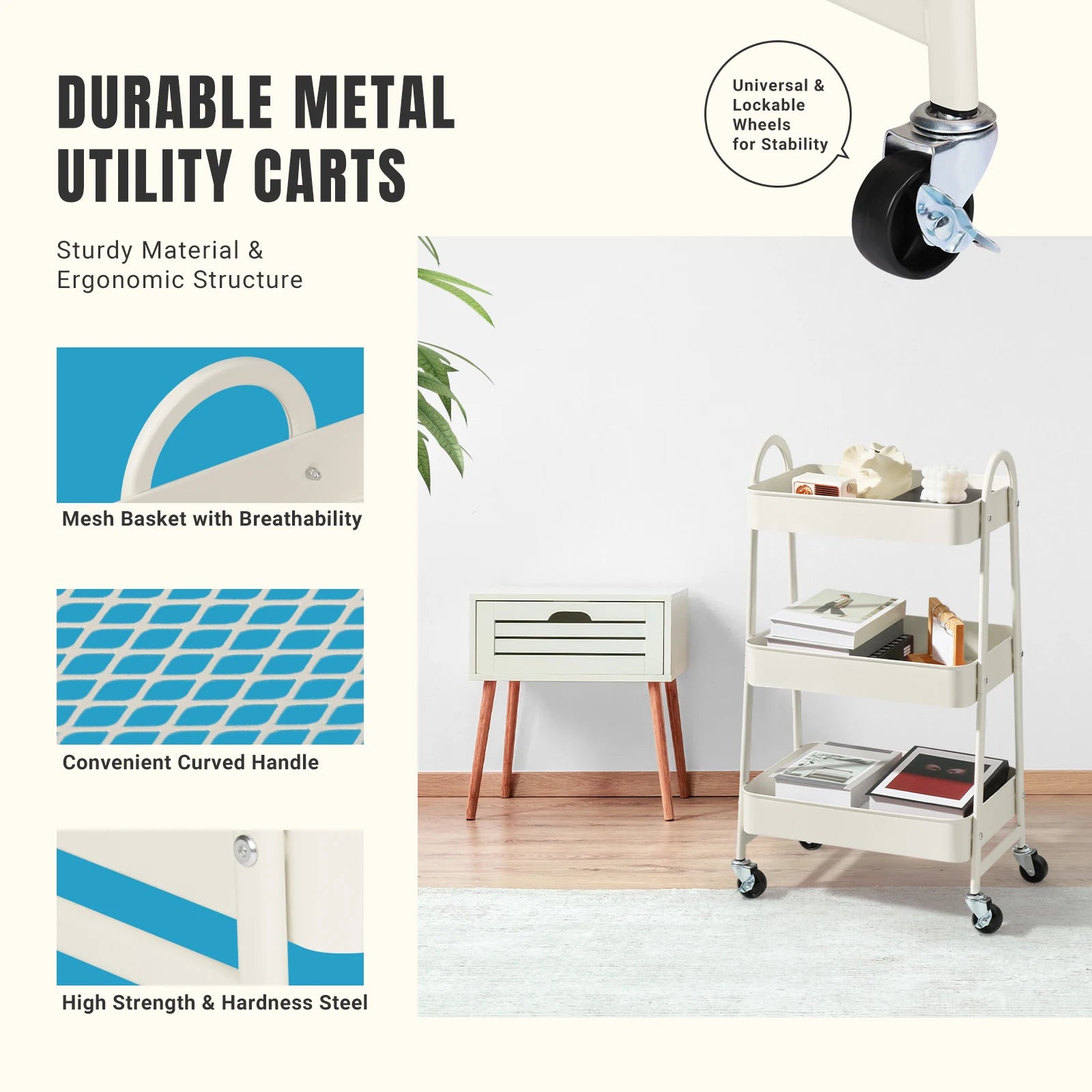 JHK 3 Tier Metal Storage Kitchen Cart with Lockable Wheels