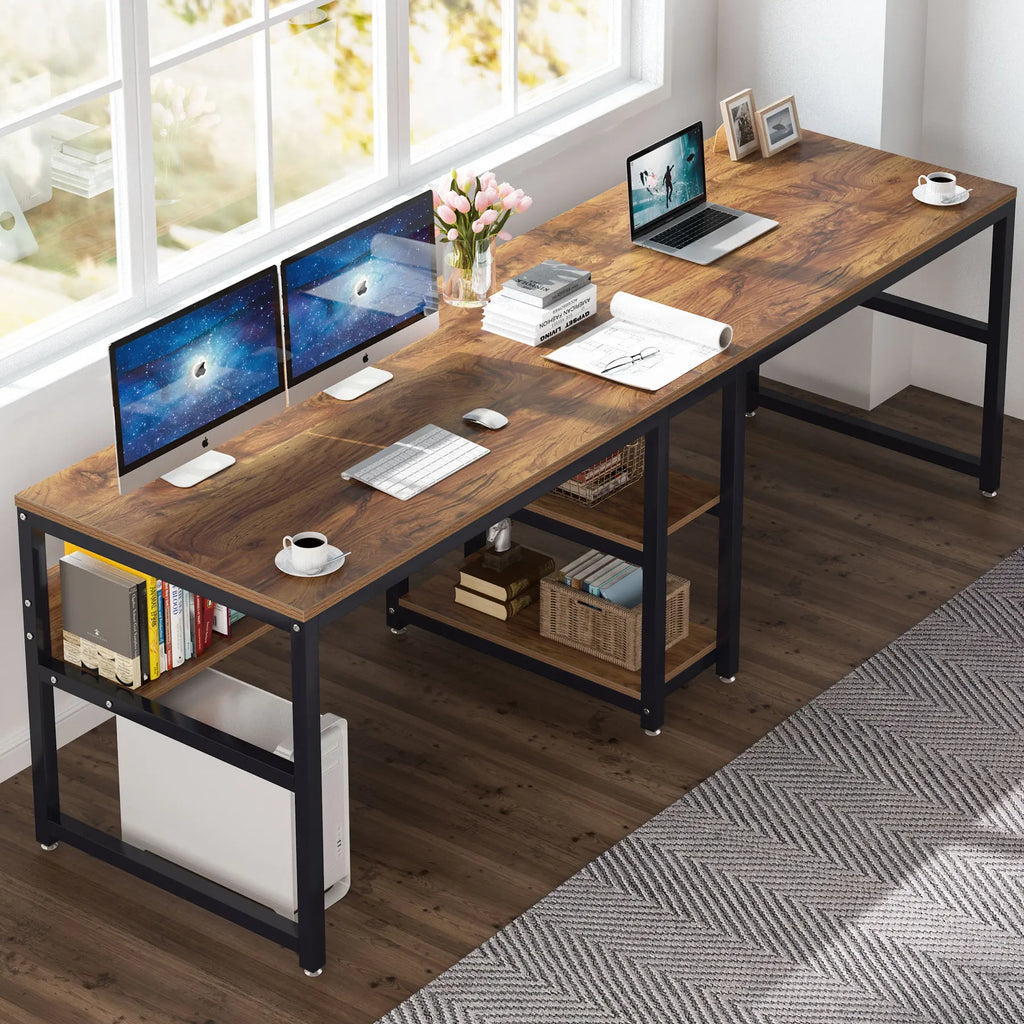 Two Person Desk with Bookshelf, 78.7 Computer Office Double Desk for Two Person, Rustic Writing Desk Workstation