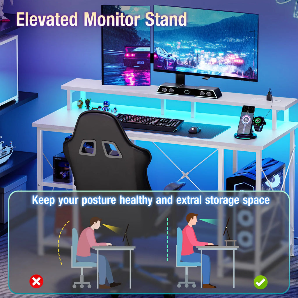 48 Inch Computer Desk with with Shelves Storage Drawers Office Wood Table with LED Lights Power Outlets Gaming Desk