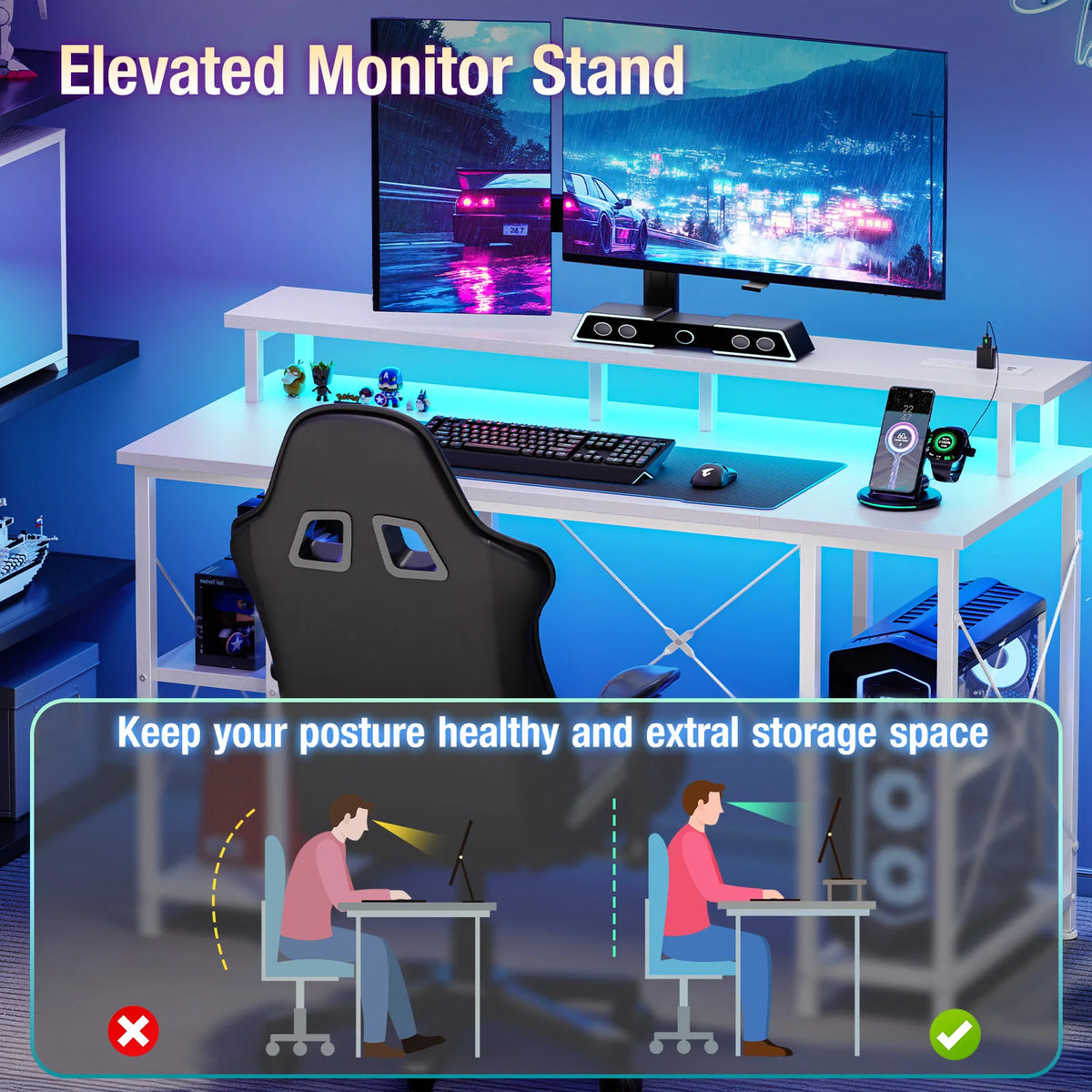 48 Inch Computer Desk with with Shelves Storage Drawers Office Wood Table with LED Lights Power Outlets Gaming Desk