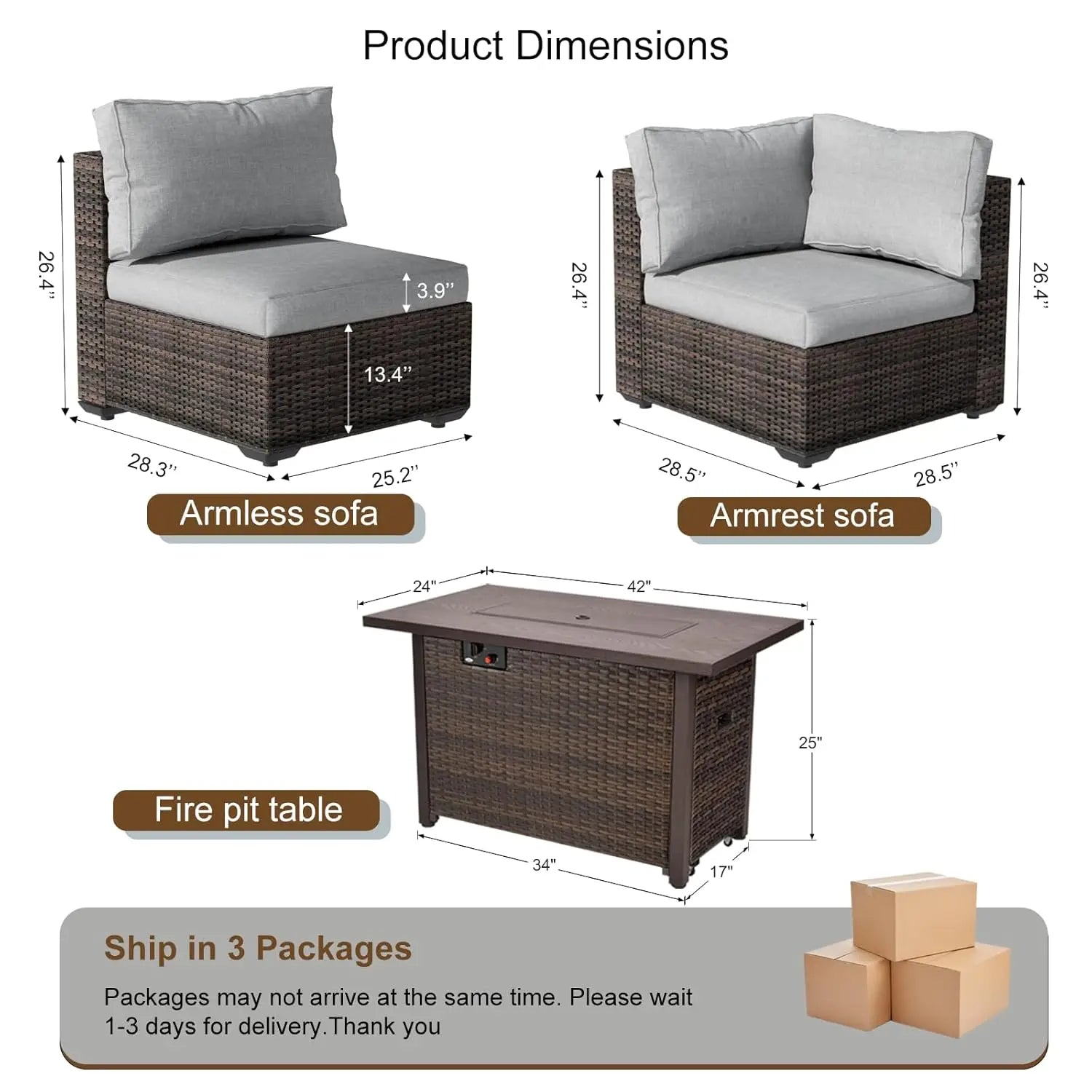 7-Pieces Patio Furniture Sets Outdoor Sectional Sofa with 44'' Propane Rattan Wicker Firepit Table,