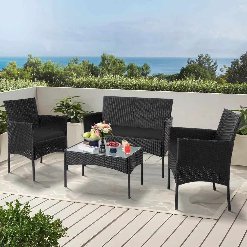 4 Piece Outdoor Wicker Conversation Furniture Set