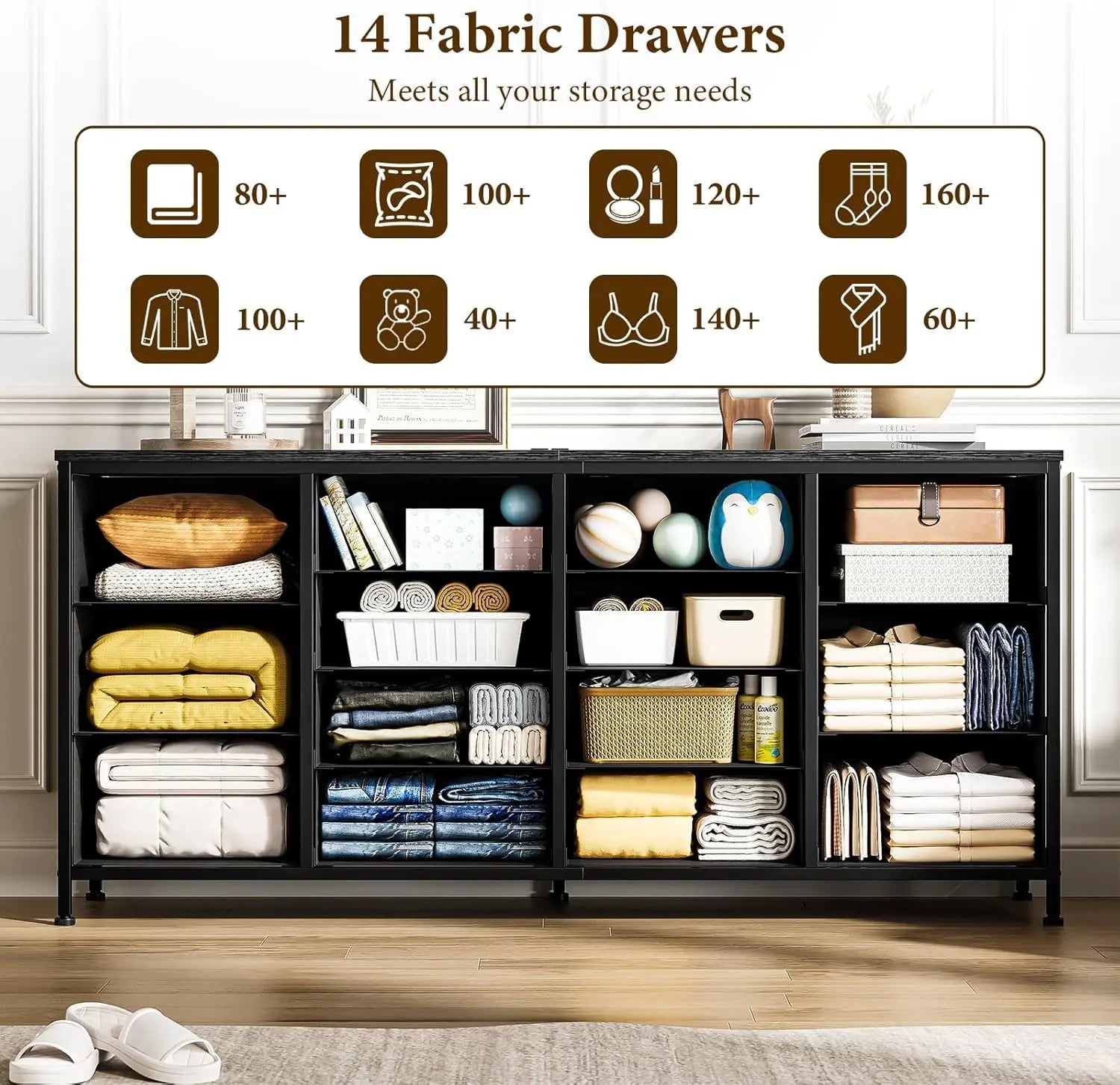 14 Drawer Dresser 63 in Black Fabric Dresser TV Stand with Power Outlet