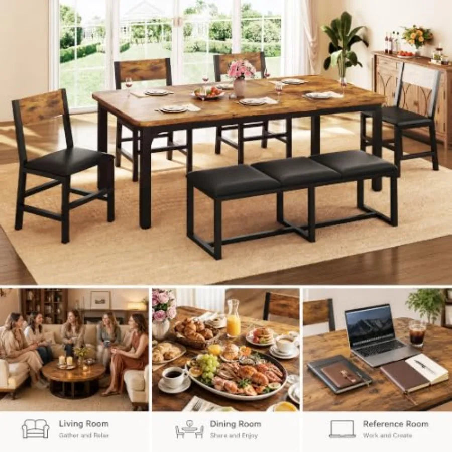 6-Piece Dining Table Set for 6-8, 63'' Long Kitchen Table Cushion Chairs Set with PU Bench and 4 Chairs, Rectangle Dining Table