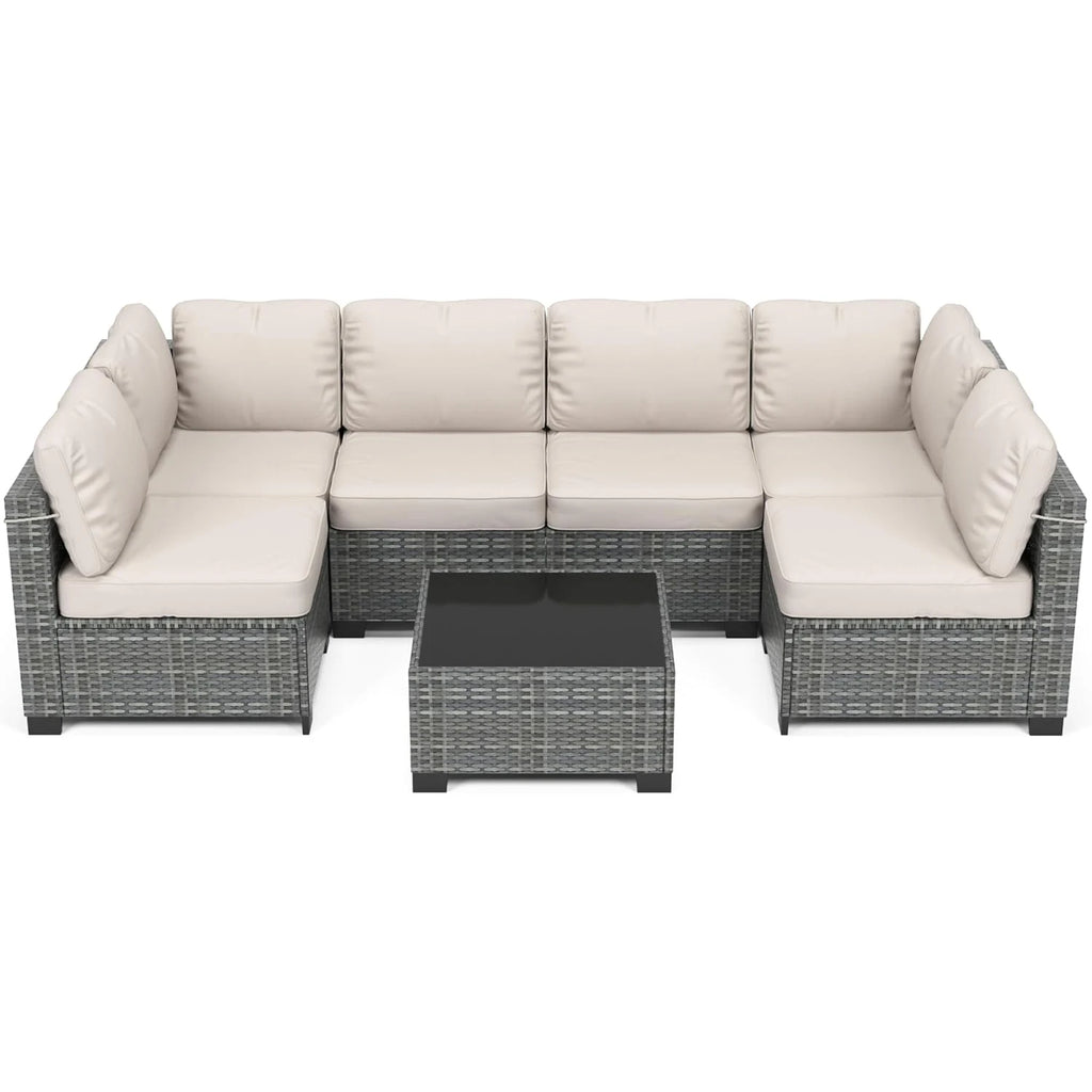 7-Piece Modular Outdoor Furniture Set, PE Rattan Wicker Sectional Modular Conversation Sofa Set