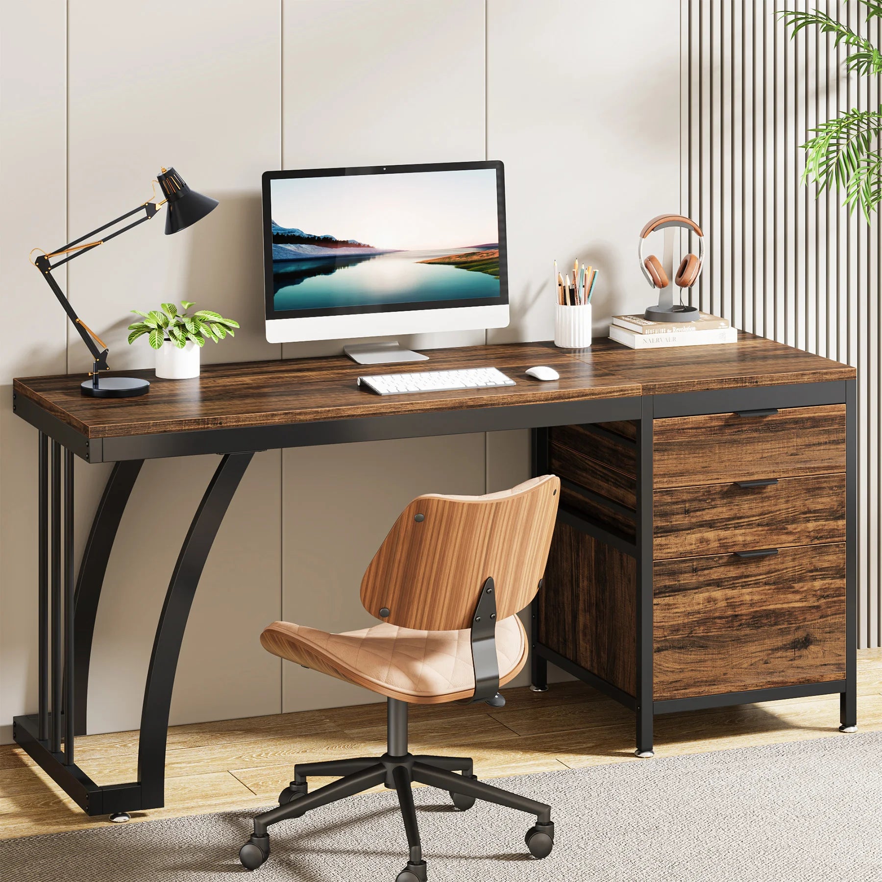 Computer Desk with 3 Drawers, 59-Inch PC Desk with Reversible Drawers, Writing Table Workstation