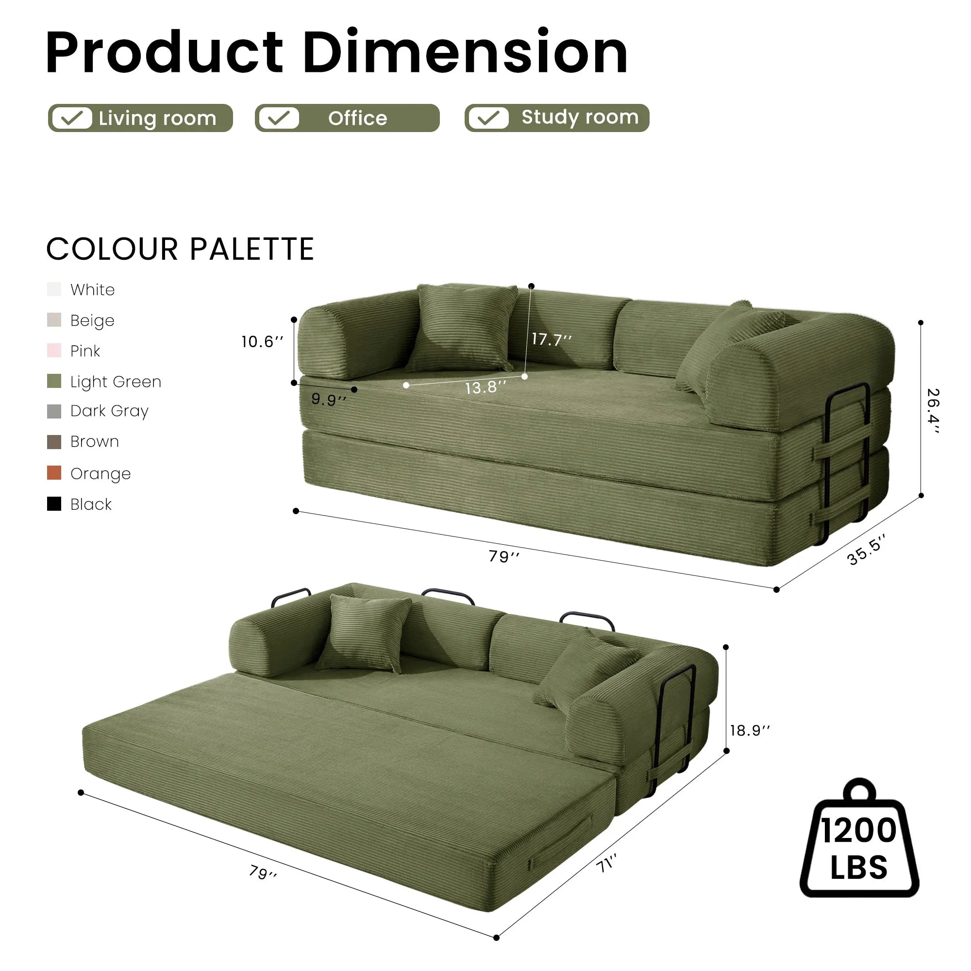 79’’ Folding Convertible Sofa Bed Corduroy Upholstered Boneless Couch, Loveseat Sleeper sofa