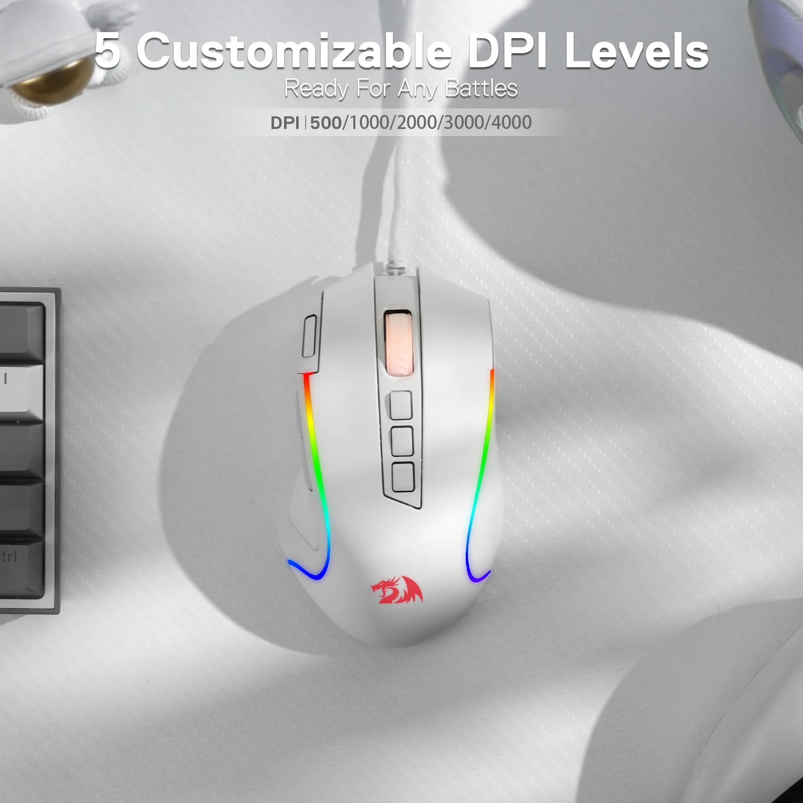 RGB Gaming Mouse 8000 DPI Wired Optical with 11 Programmable Buttons, White