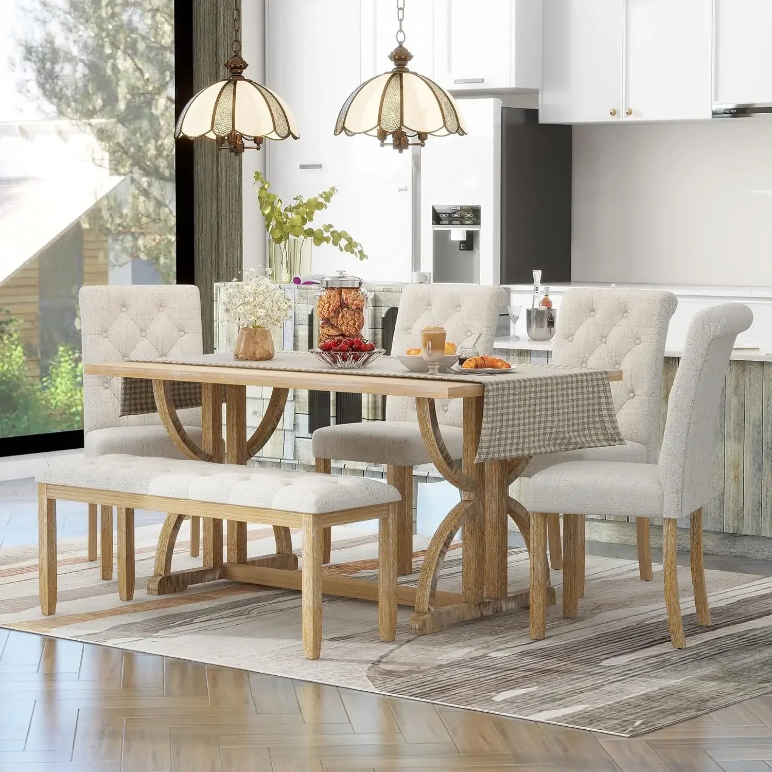 Solid Wood Kitchen Dining Room Table Set with Bench and Chairs for 6 Persons,