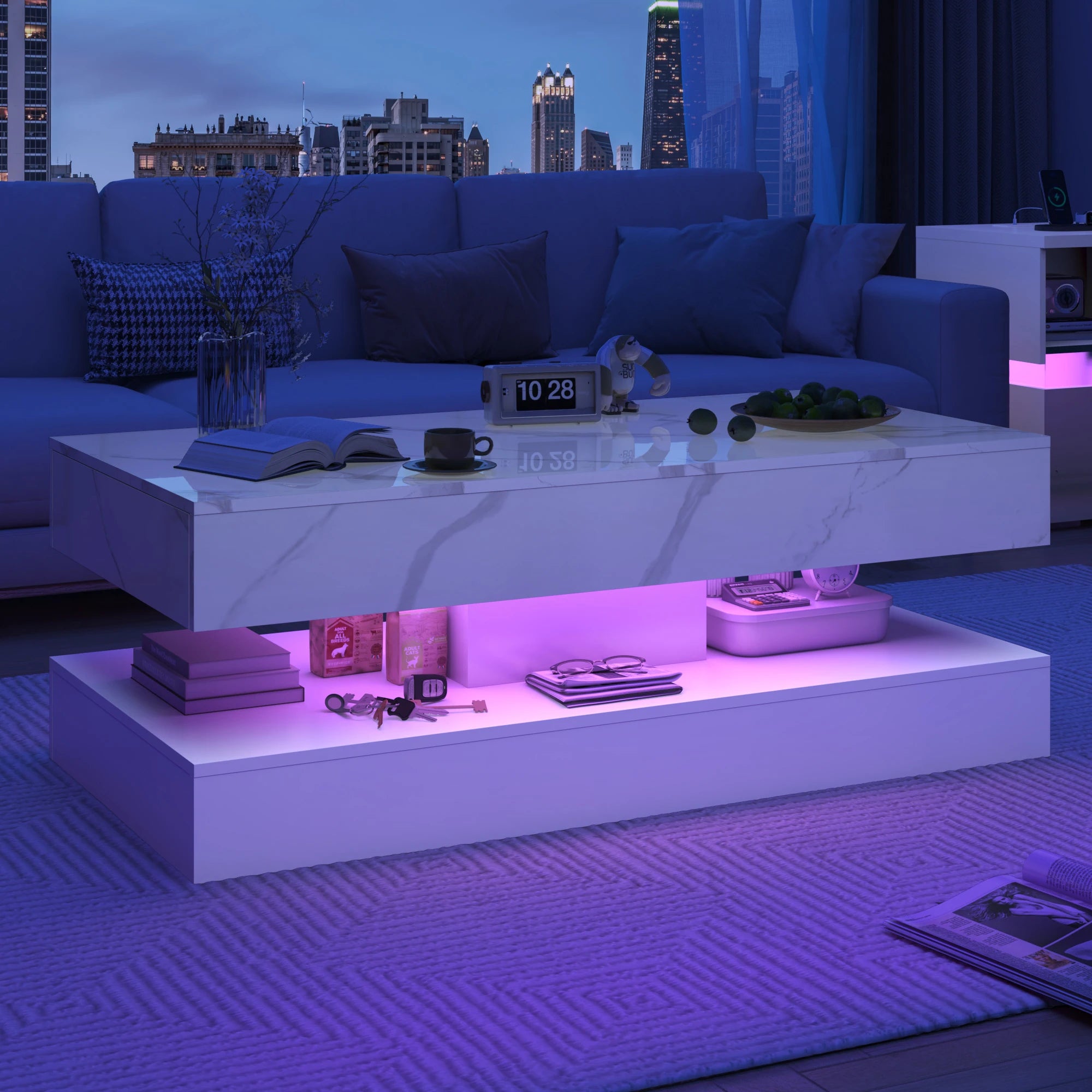 Modern Stylish Coffee Table with LED lights, Double-Layer Design