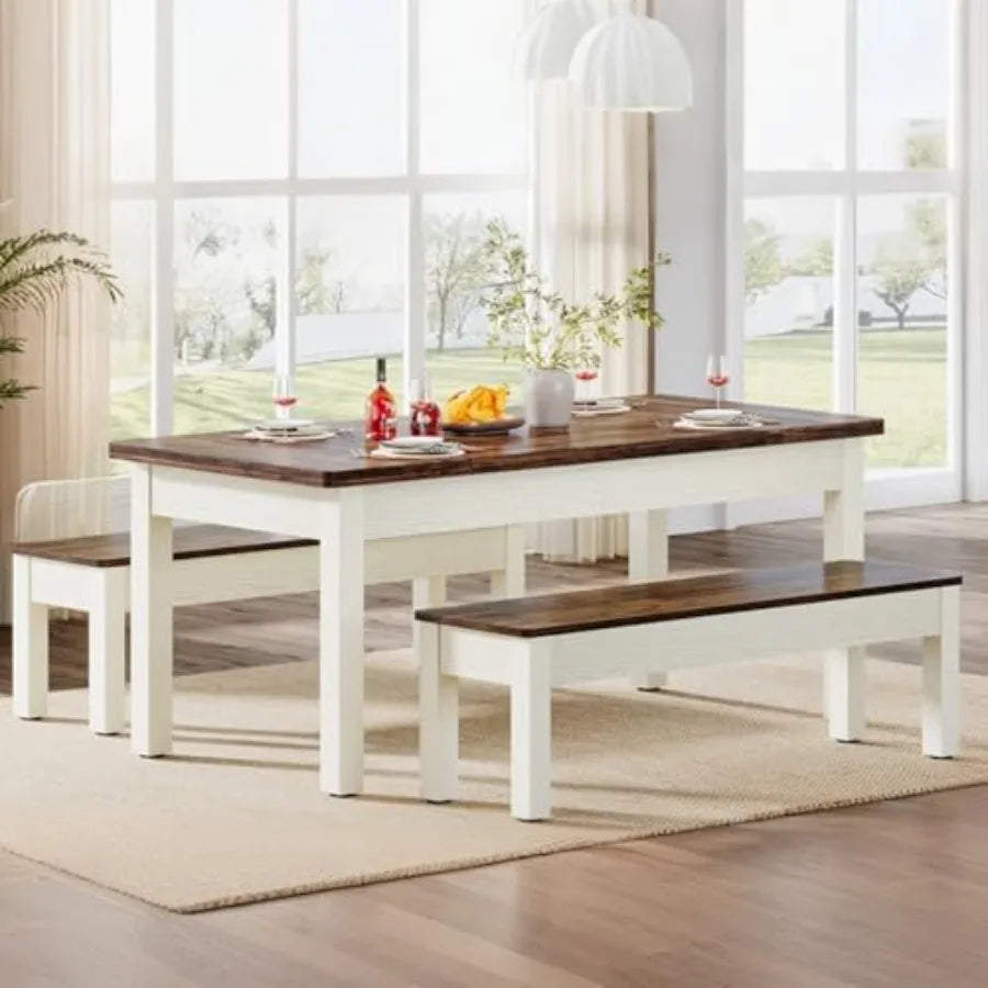 Farmhouse Kitchen Table Set for 4-6, 55-Inch Wooden Dining Table with 2 Benches, Space Saving 3 Pieces Heavy Duty Dinette