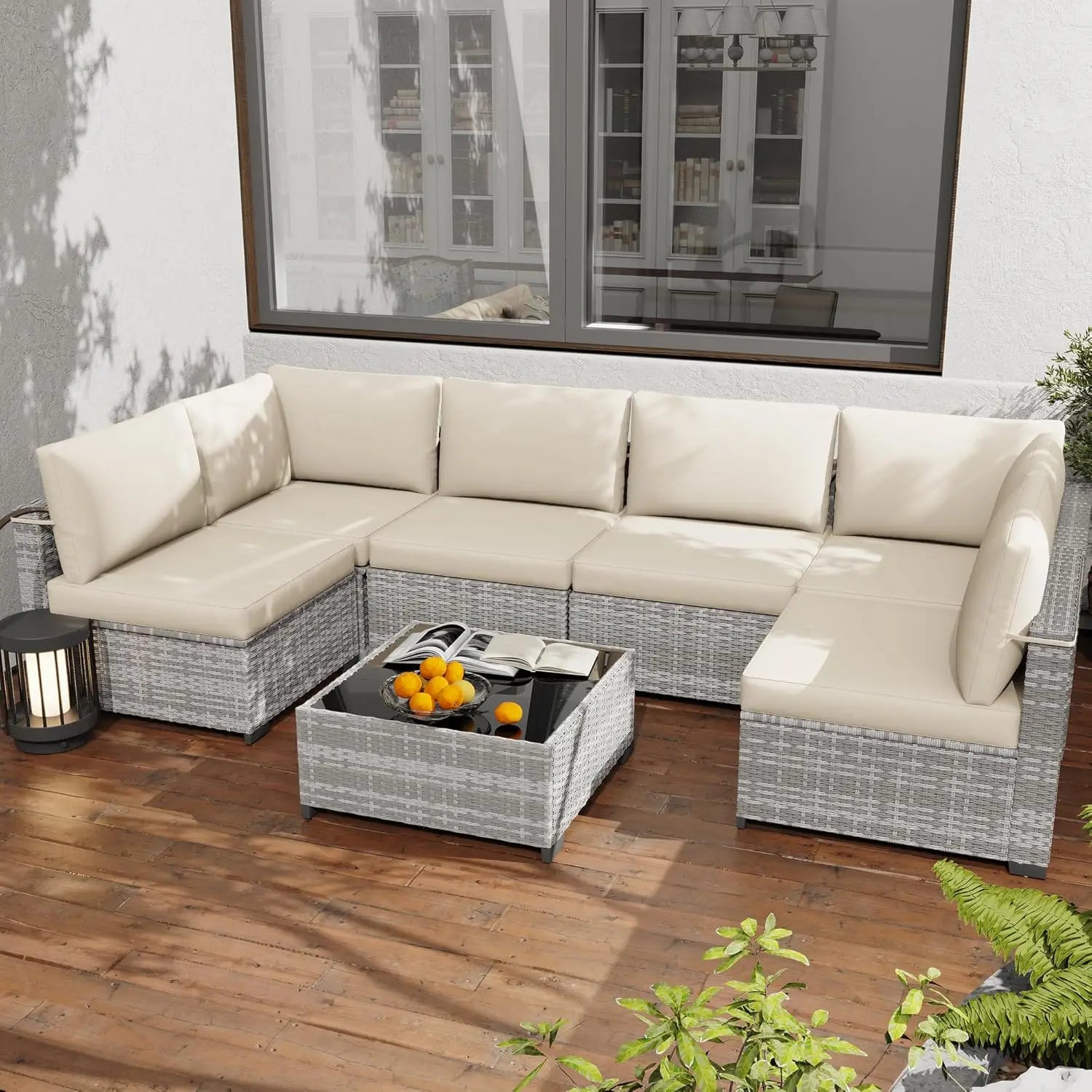7-Piece All-Weather Rattan Patio Furniture Set Outdoor Modular Wicker Sectional Sofa