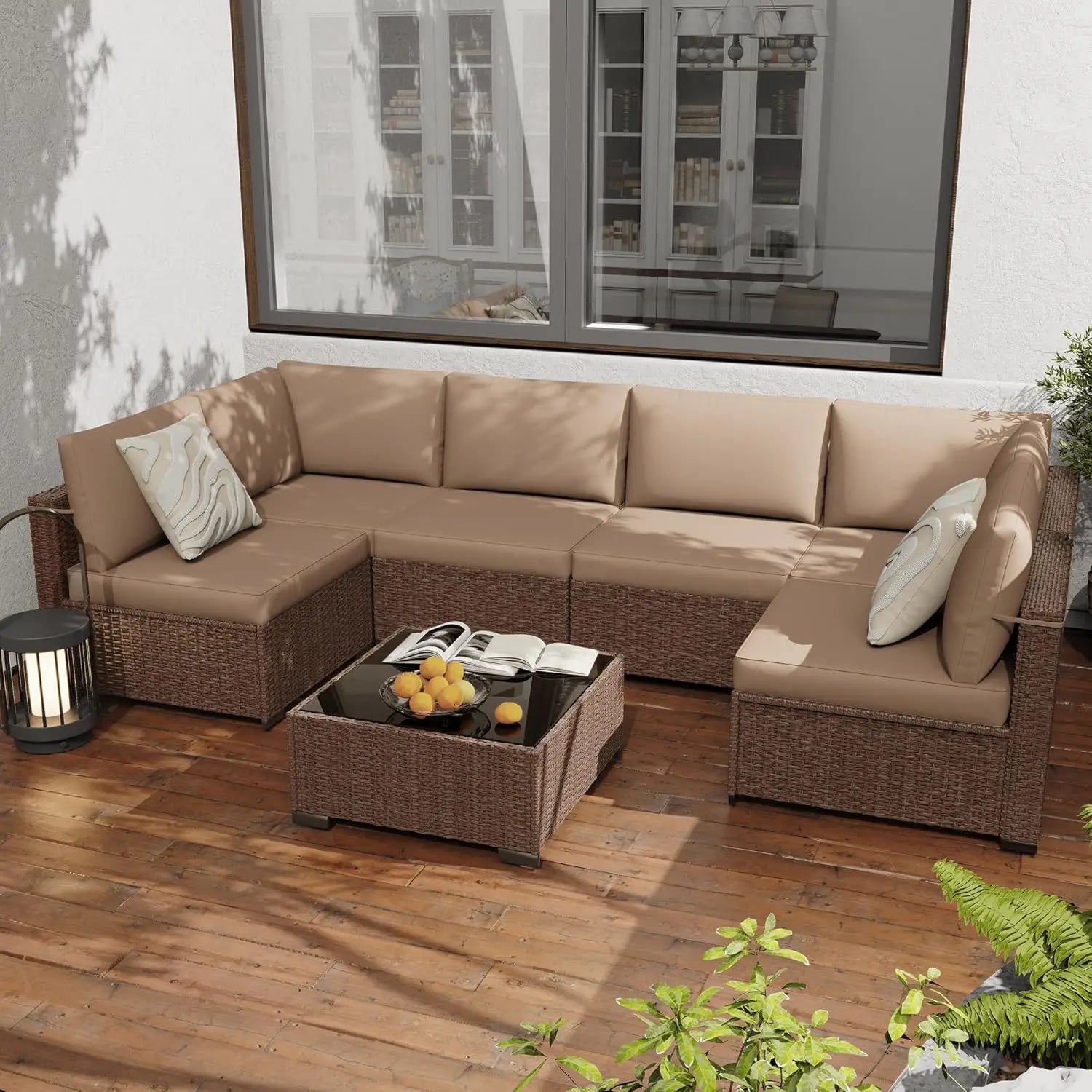 7-Piece All-Weather Rattan Patio Furniture Set Outdoor Modular Wicker Sectional Sofa
