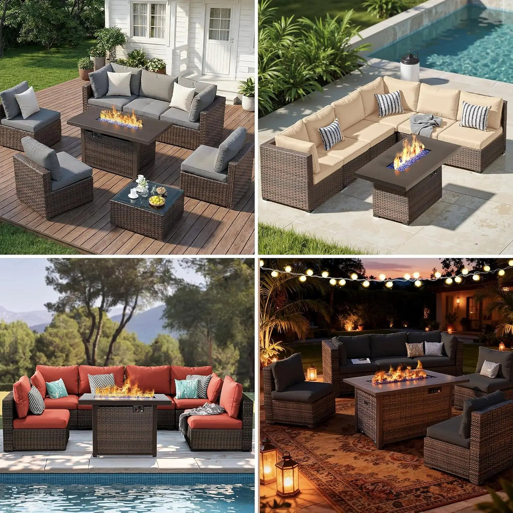 7-Pieces Patio Furniture Sets Outdoor Sectional Sofa with 44'' Propane Rattan Wicker Firepit Table,