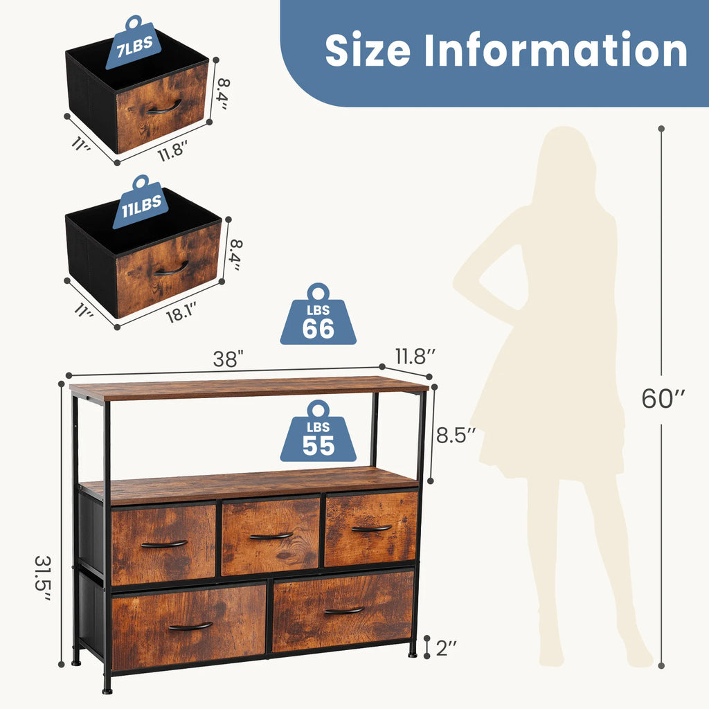 Fireplace TV Stand Dresser For Bedroom With 5 Fabric Drawers Storage Chest